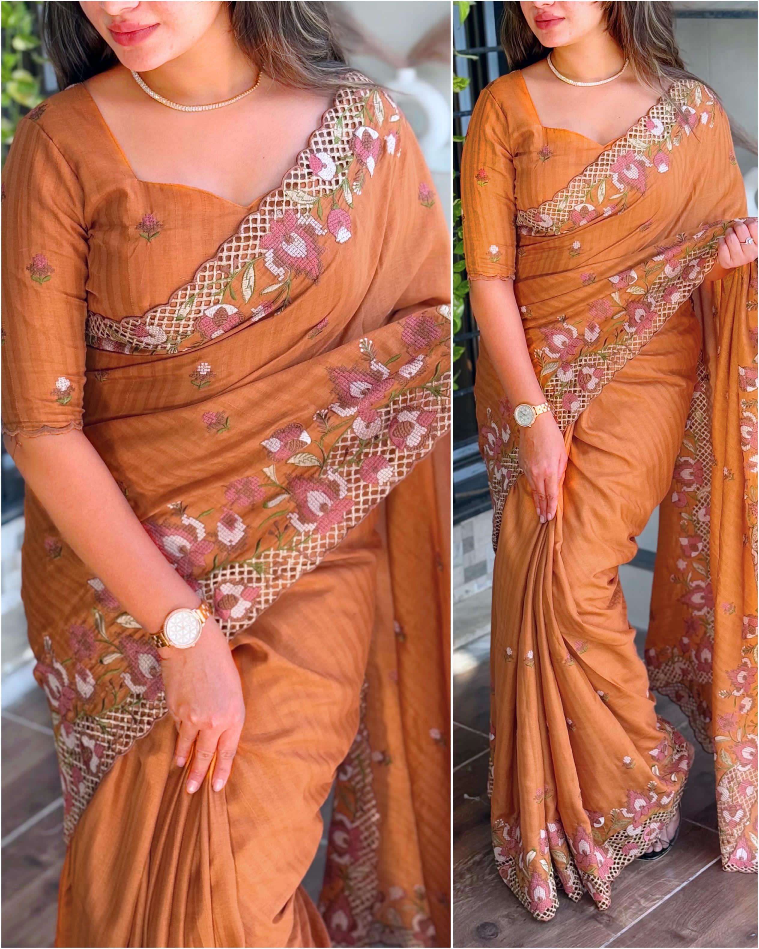 Dark Yellow Visca Slub Silk Premium Embroidered Work Saree For Women
