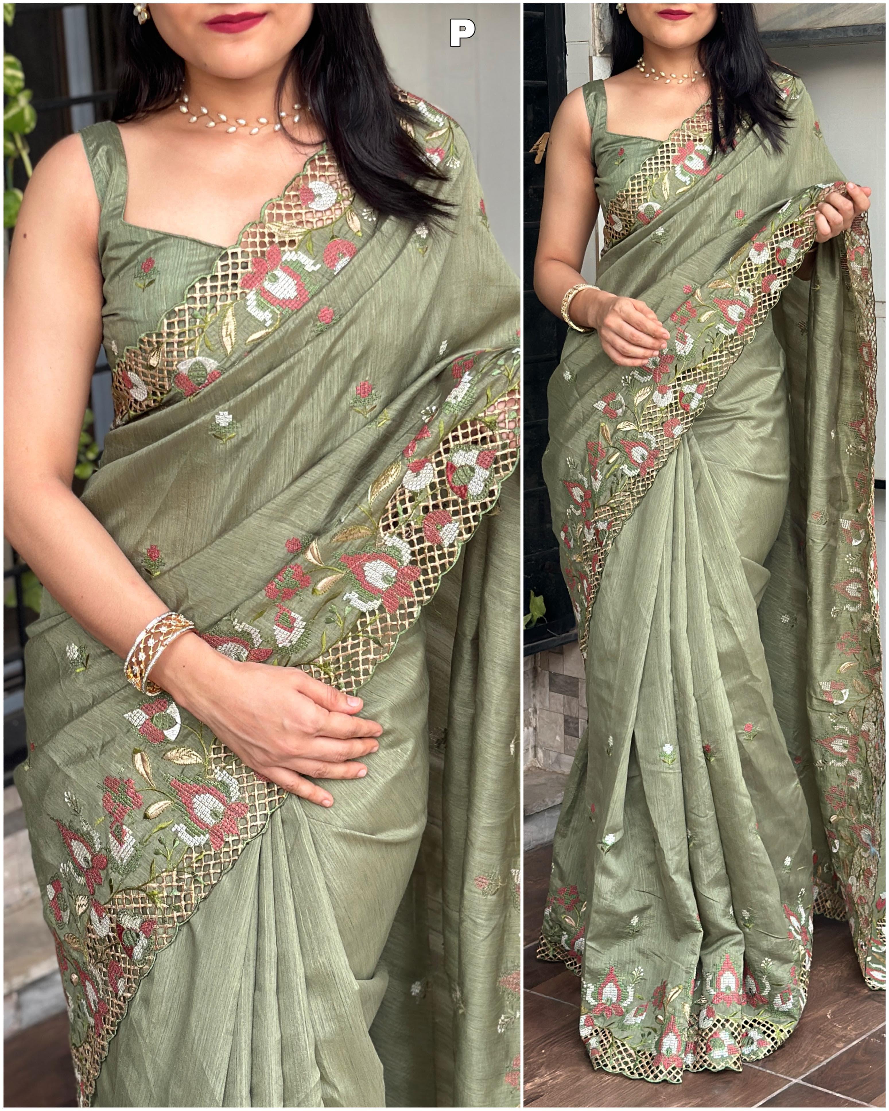 Green Visca Slub Silk Embroidered Work Saree With Unstitched Blouse For Women