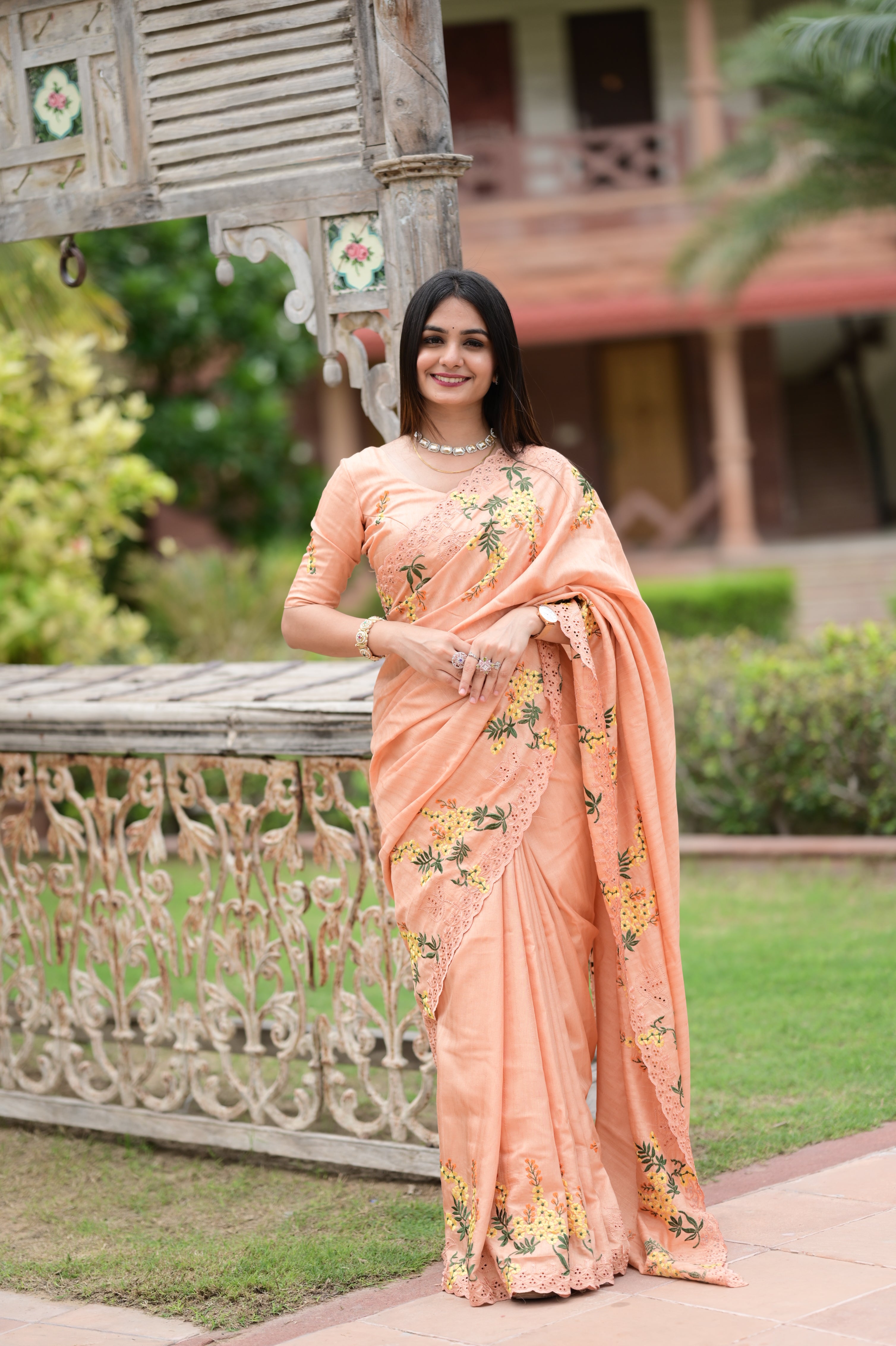 Soft Peach Tusser Cotton Premium Embroidered Work Saree For Women
