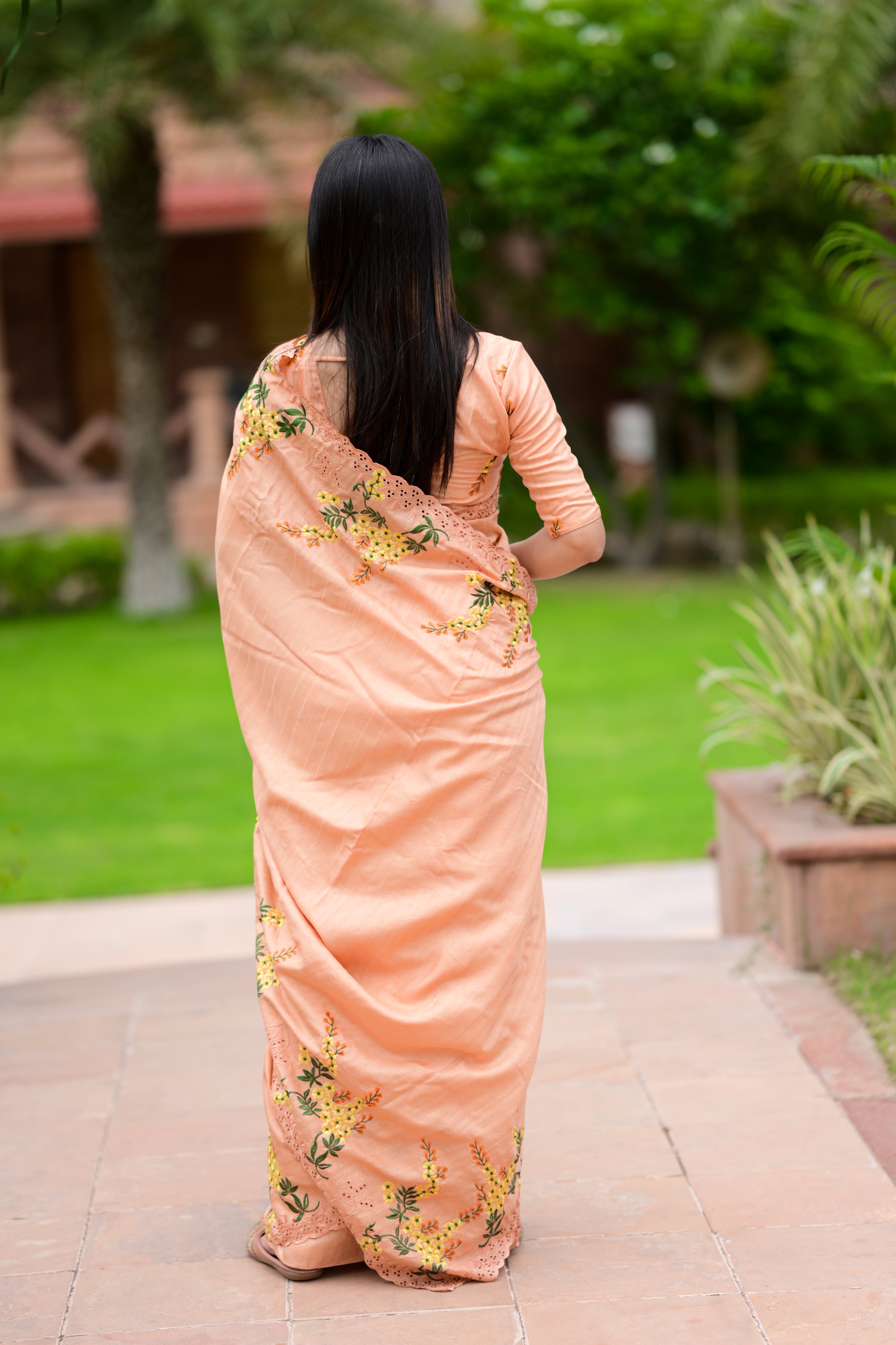 Soft Peach Tusser Cotton Premium Embroidered Work Saree For Women