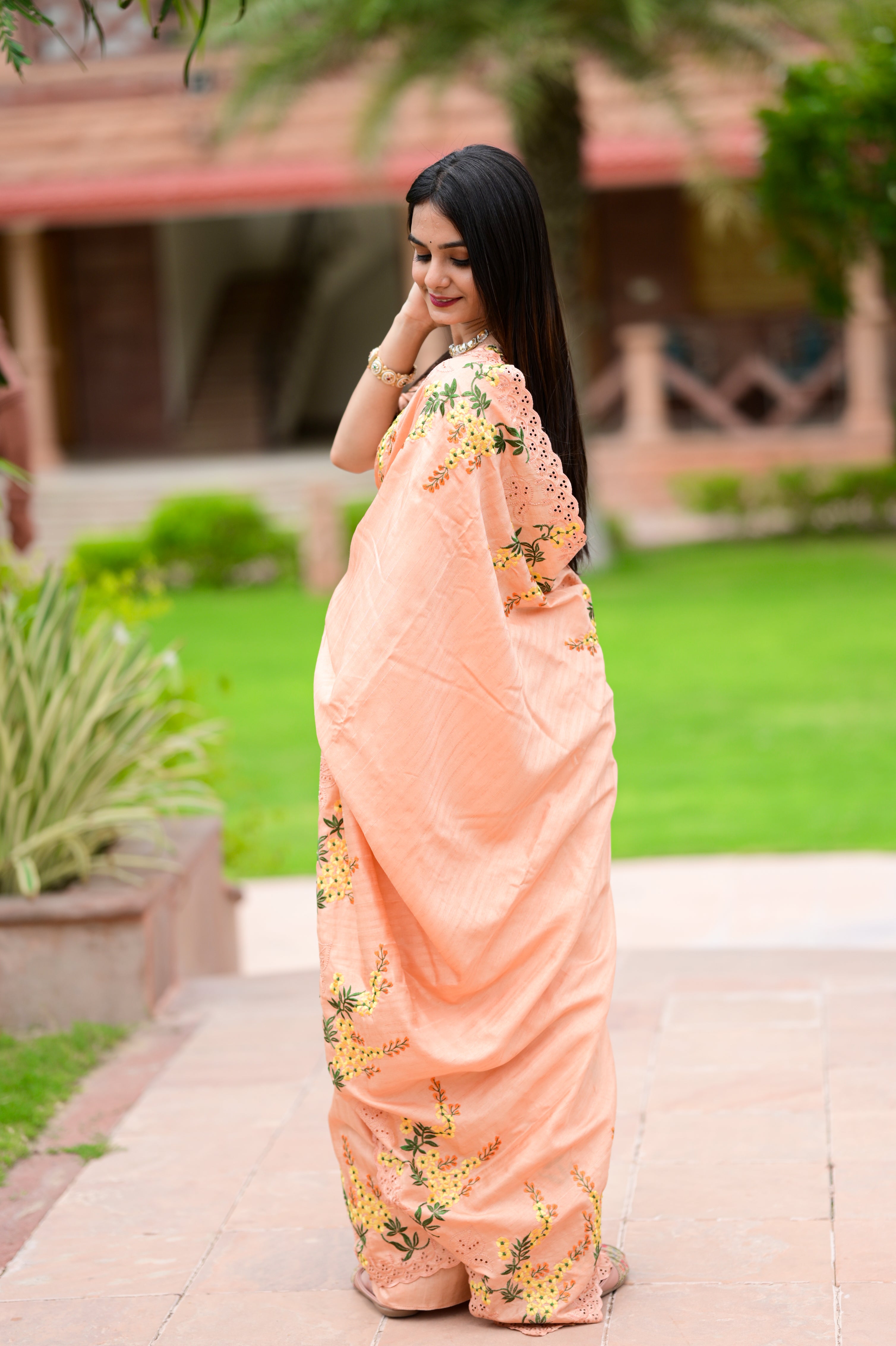 Soft Peach Tusser Cotton Premium Embroidered Work Saree For Women