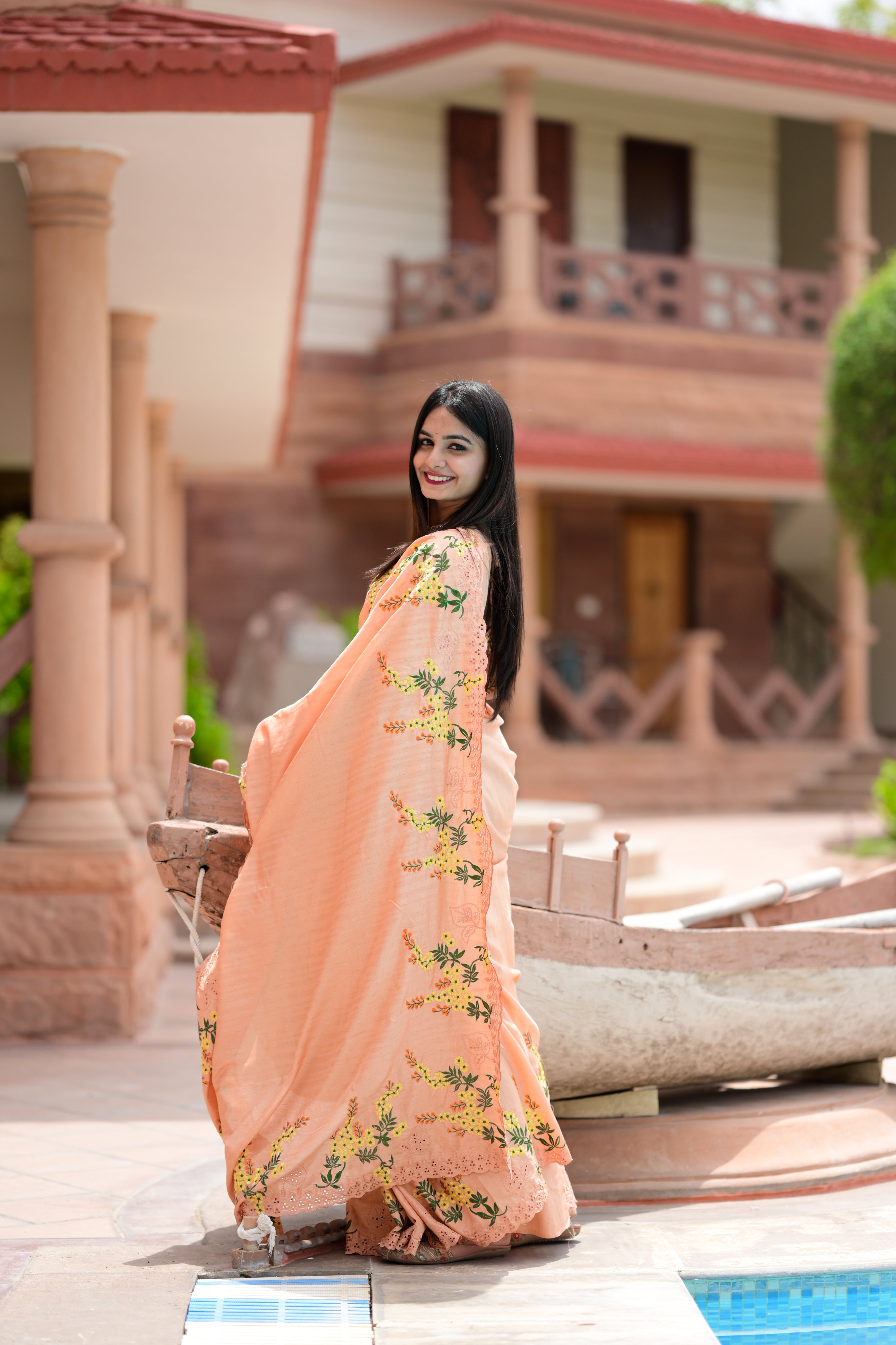Soft Peach Tusser Cotton Premium Embroidered Work Saree For Women