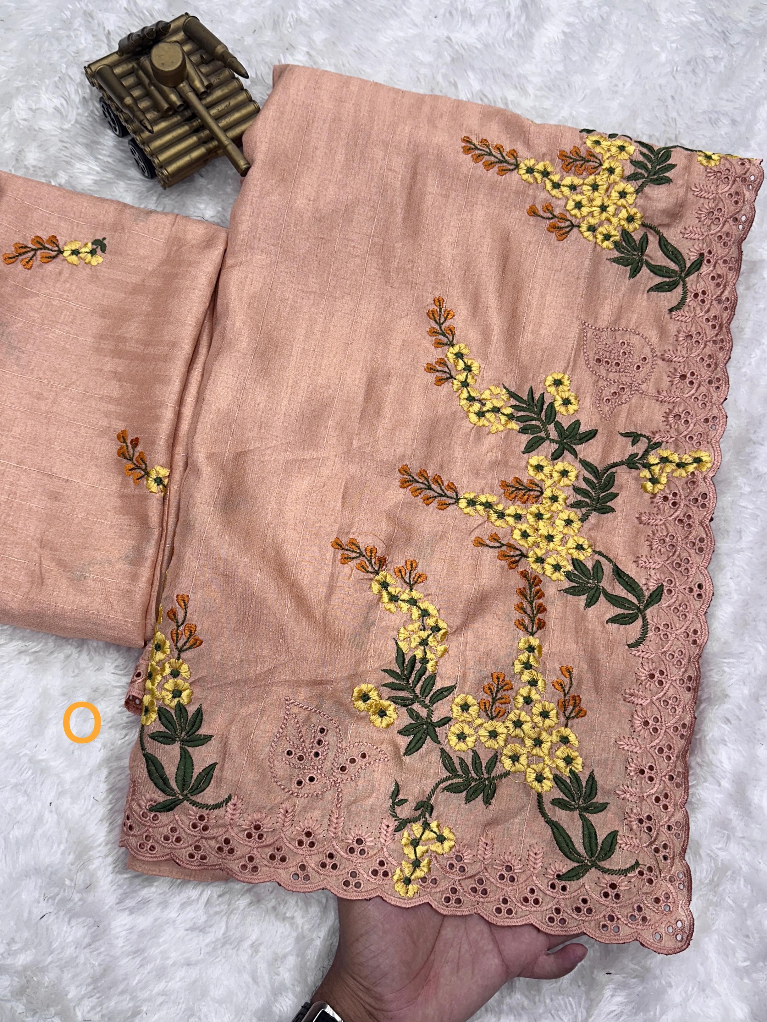 Soft Peach Tusser Cotton Premium Embroidered Work Saree For Women