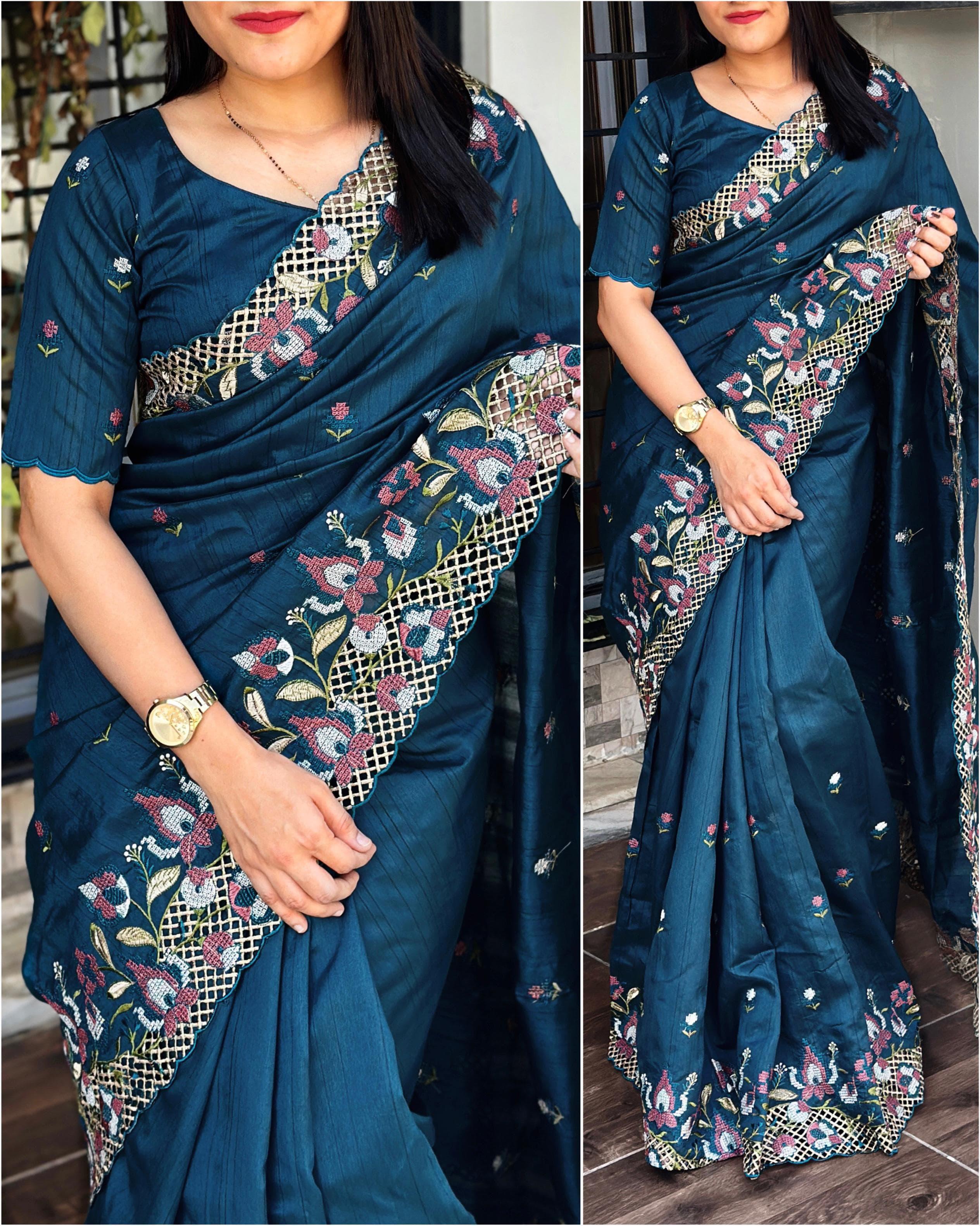 Blue Visca Slub Silk Premium Embroidered Work Saree For Women