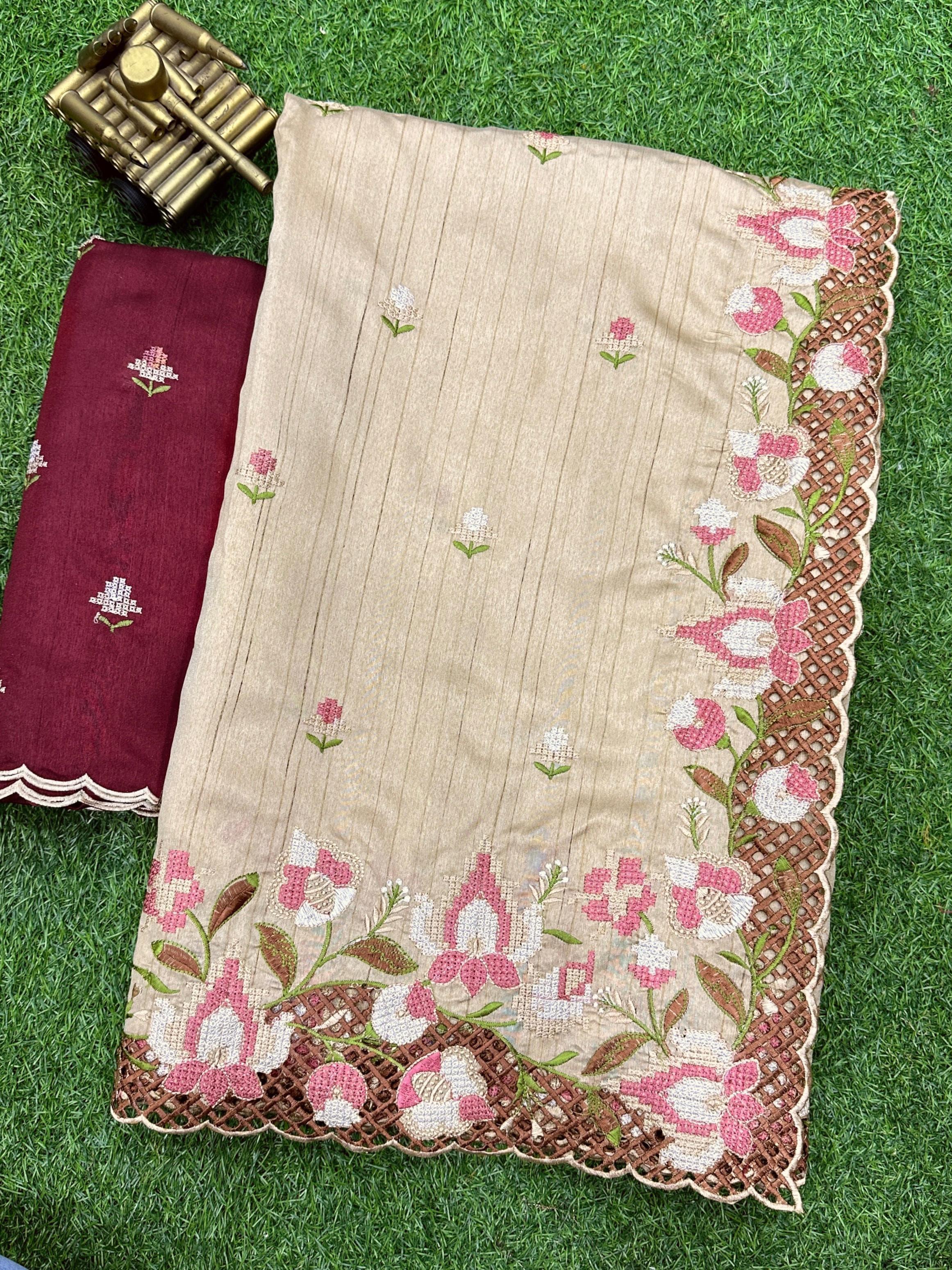 Cream Visca Slub Silk Embroidered Work Saree With Unstitched Blouse For Women