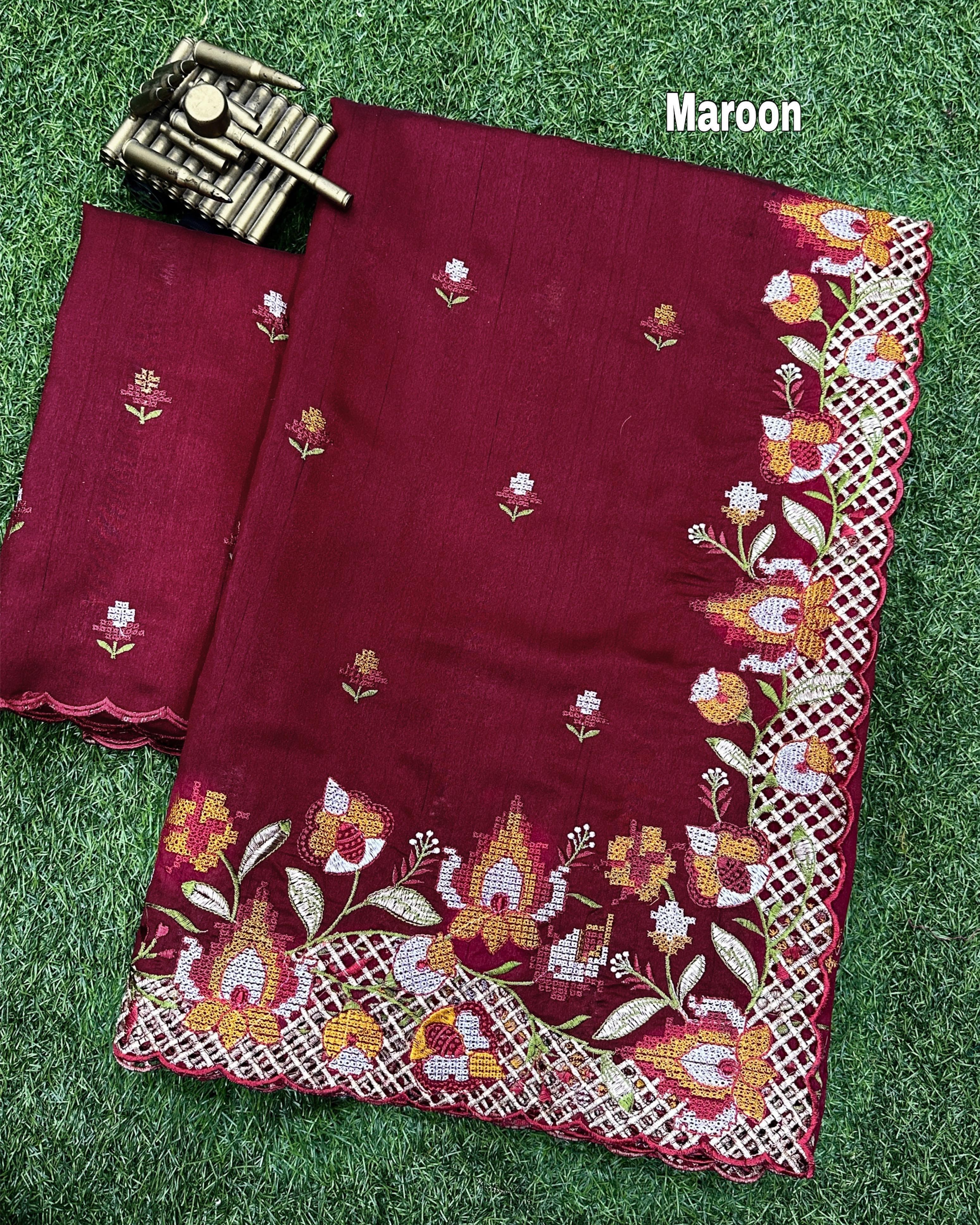 Maroon Visca Slub Silk Premium Embroidered Work Saree For Women