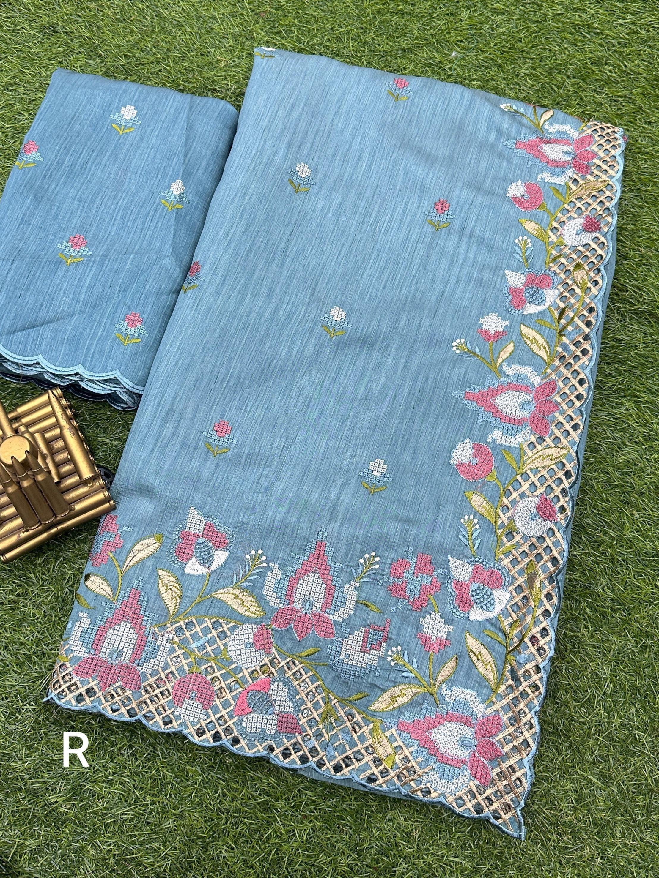 Light Blue Visca Slub Silk Premium Embroidered Work Saree For Women