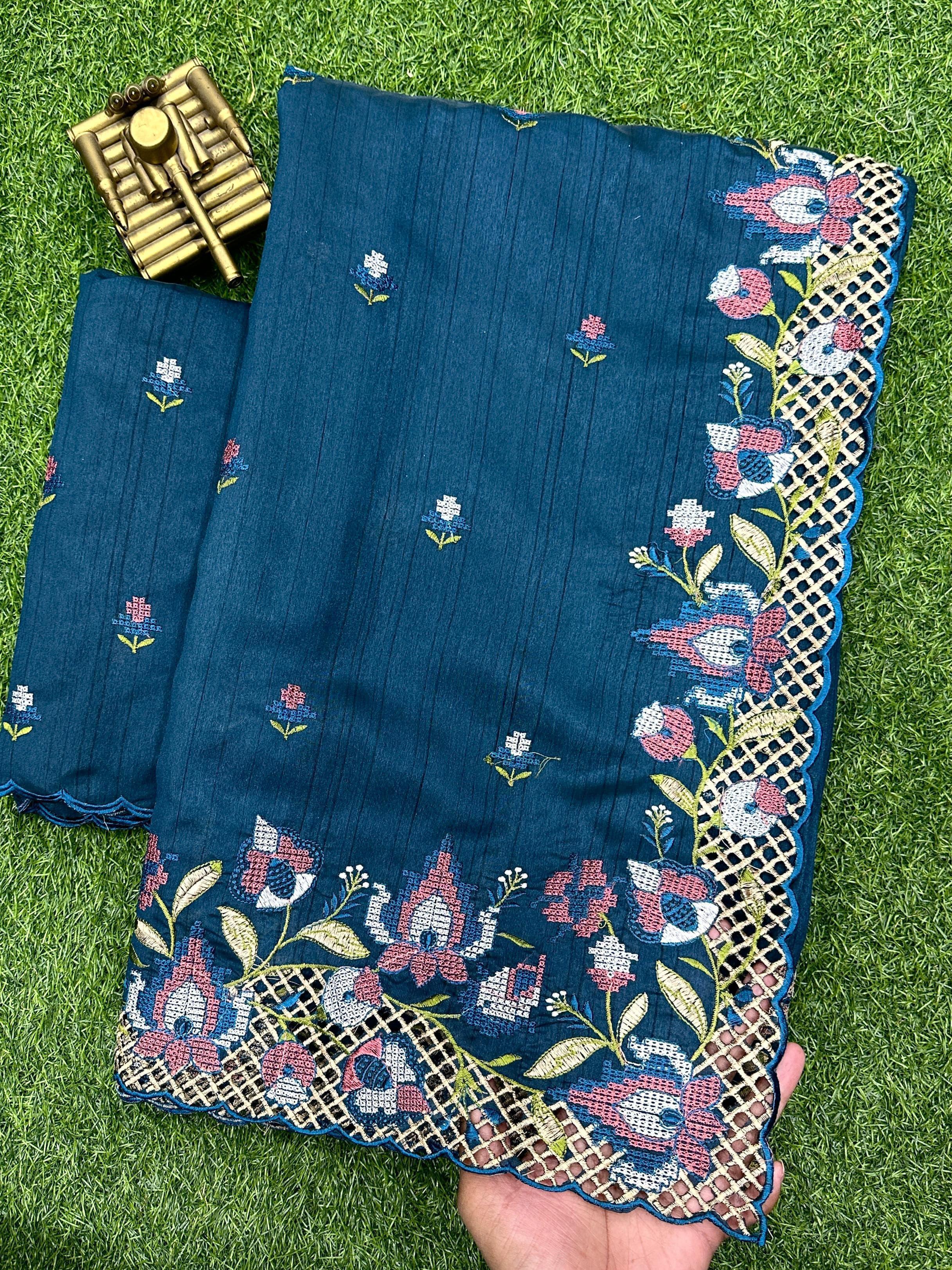 Blue Visca Slub Silk Premium Embroidered Work Saree For Women