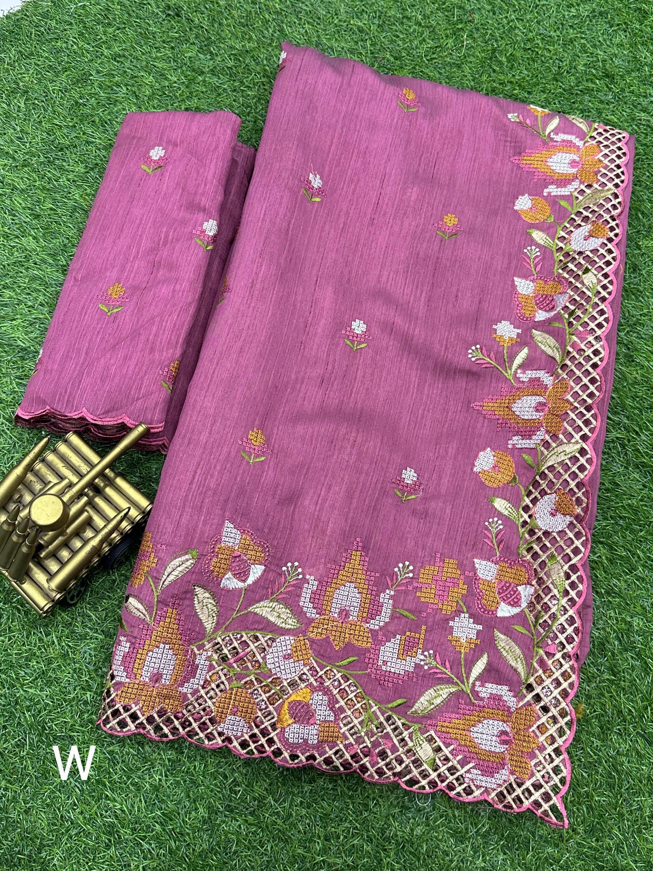 Pink Visca Slub Silk Premium Embroidered Work Saree For Women