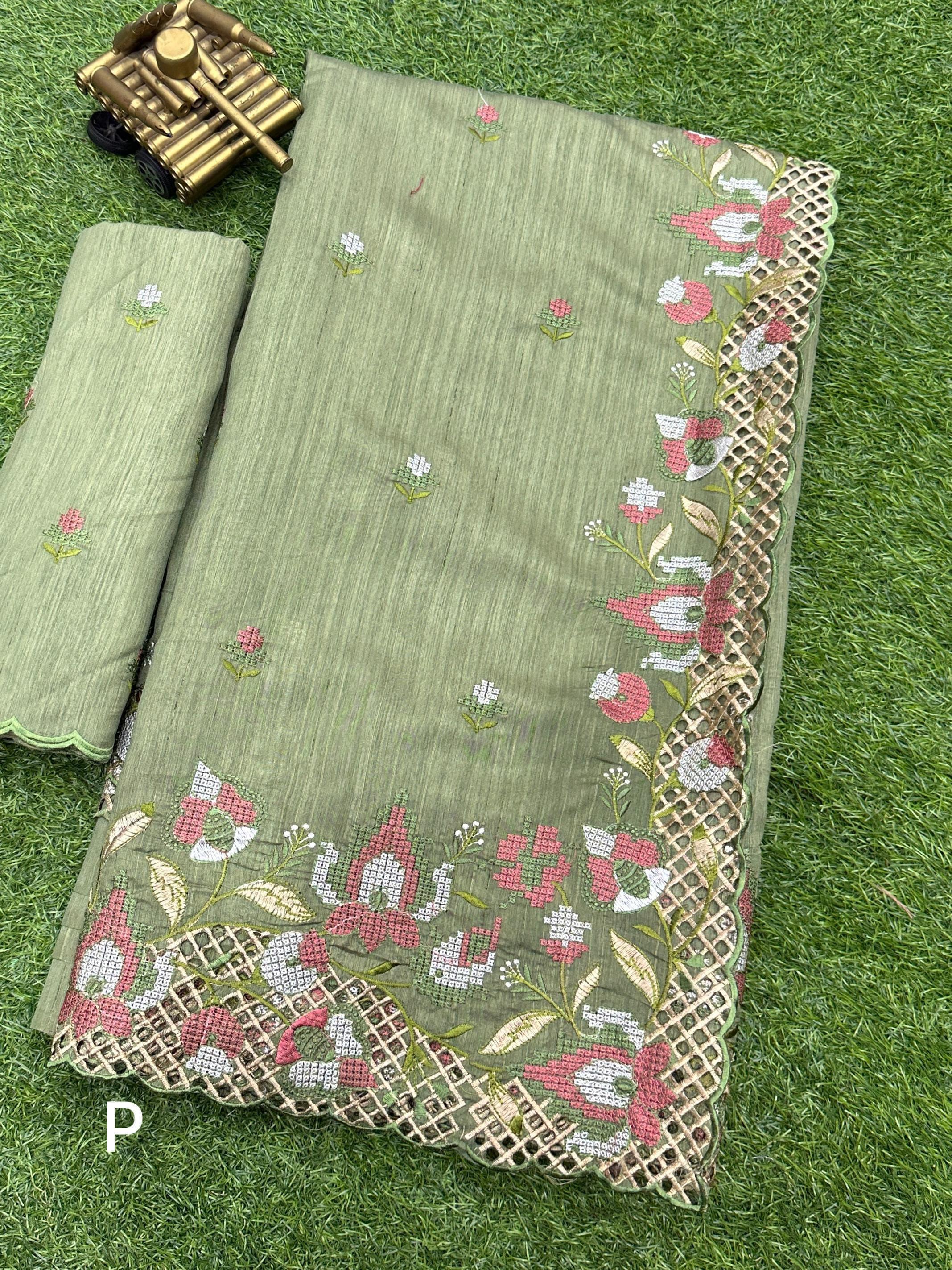 Green Visca Slub Silk Embroidered Work Saree With Unstitched Blouse For Women