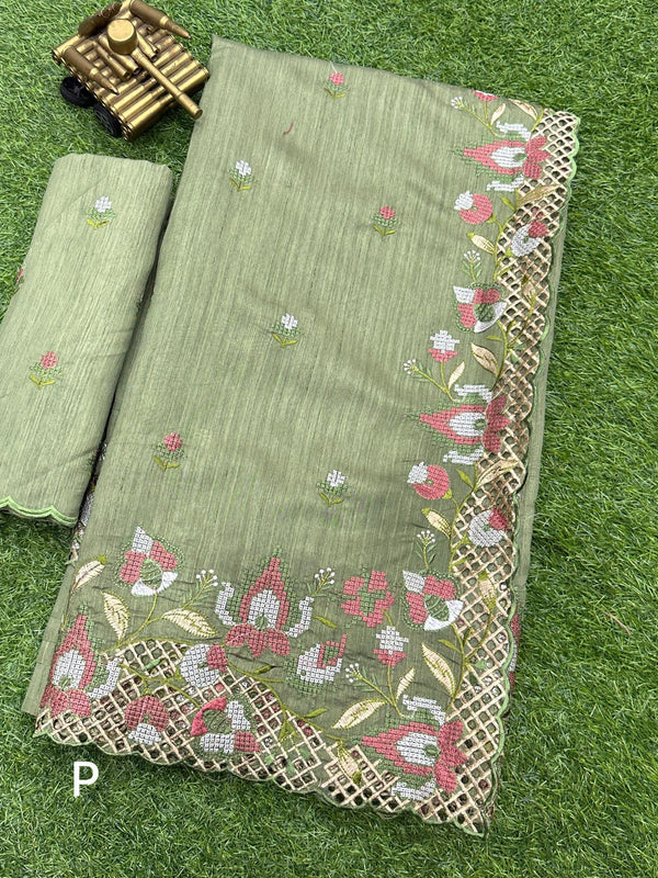 Green Visca Slub Silk Embroidered Work Saree With Unstitched Blouse For Women