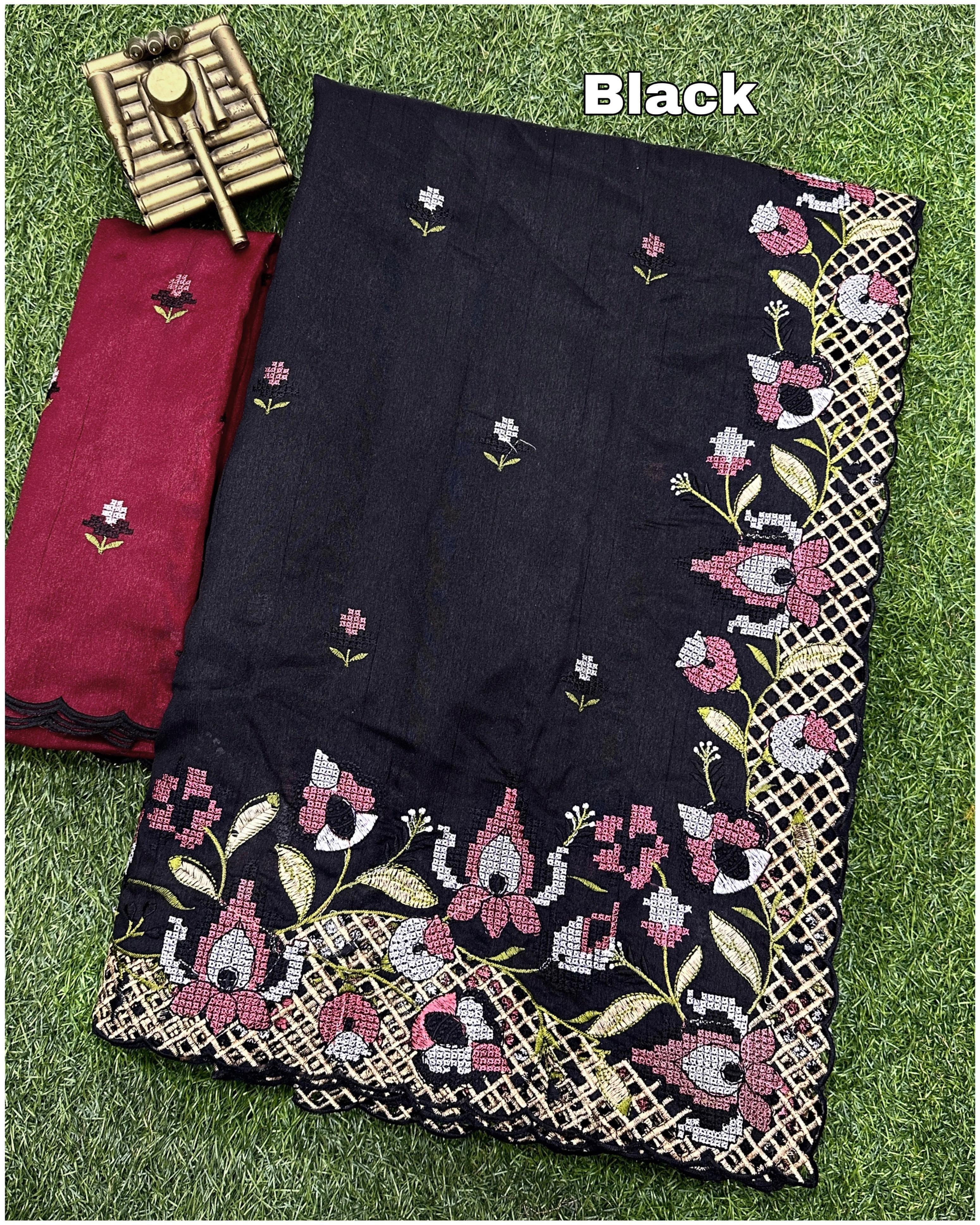 Black Visca Slub Silk Embroidered Work Saree With Unstitched Blouse For Women