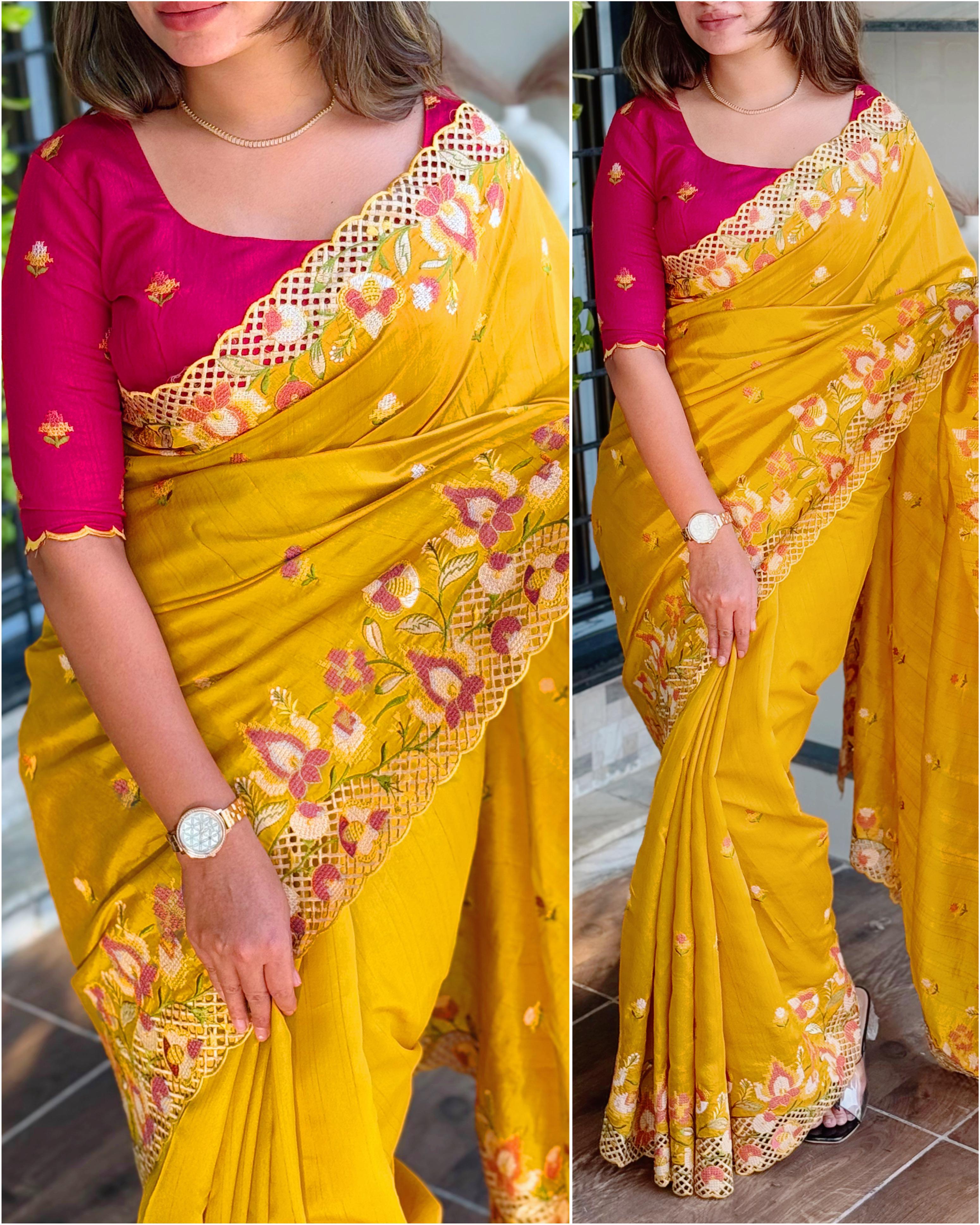 Yellow Visca Slub Silk Premium Embroidered Work Saree For Women