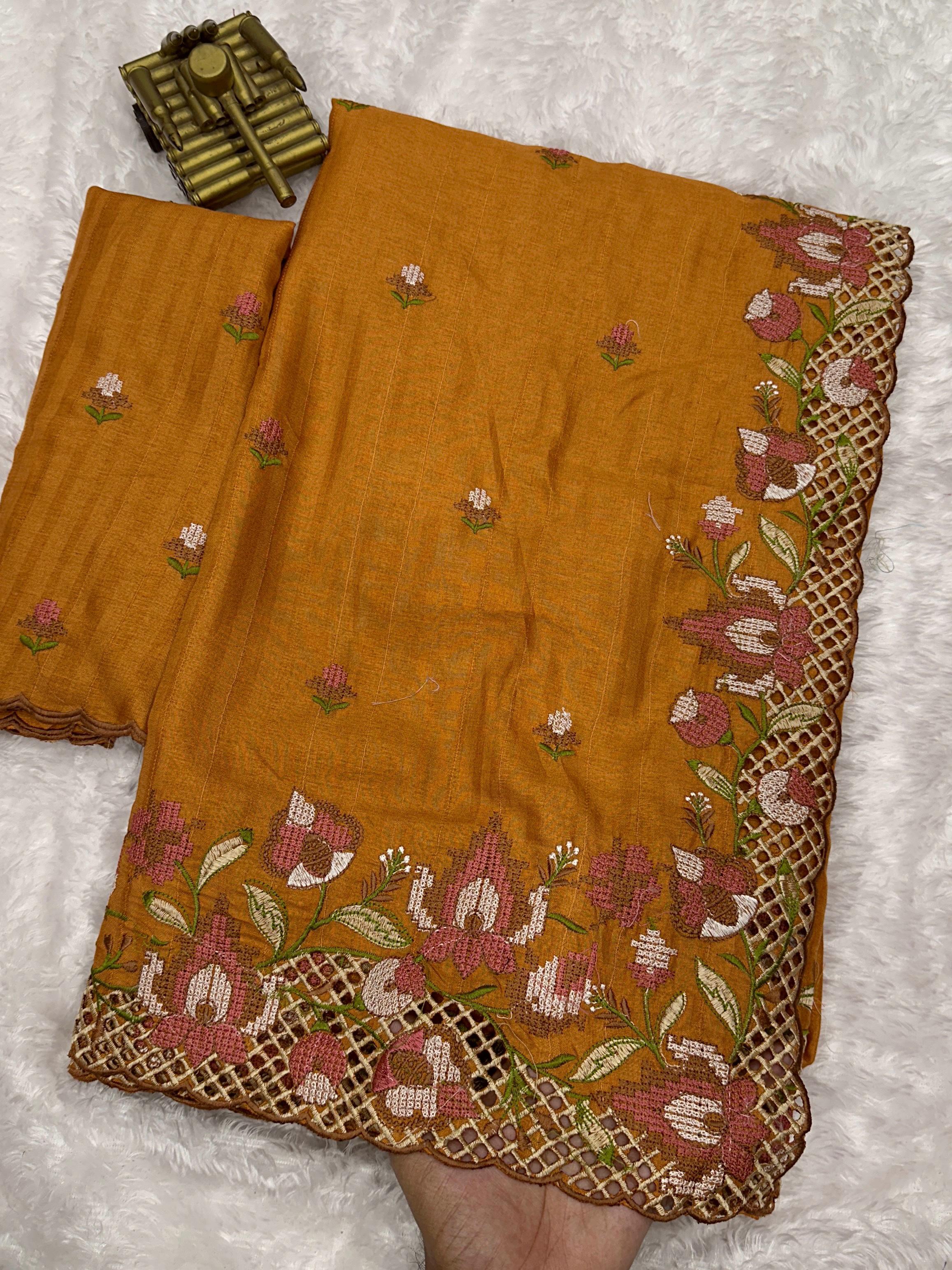 Dark Yellow Visca Slub Silk Premium Embroidered Work Saree For Women