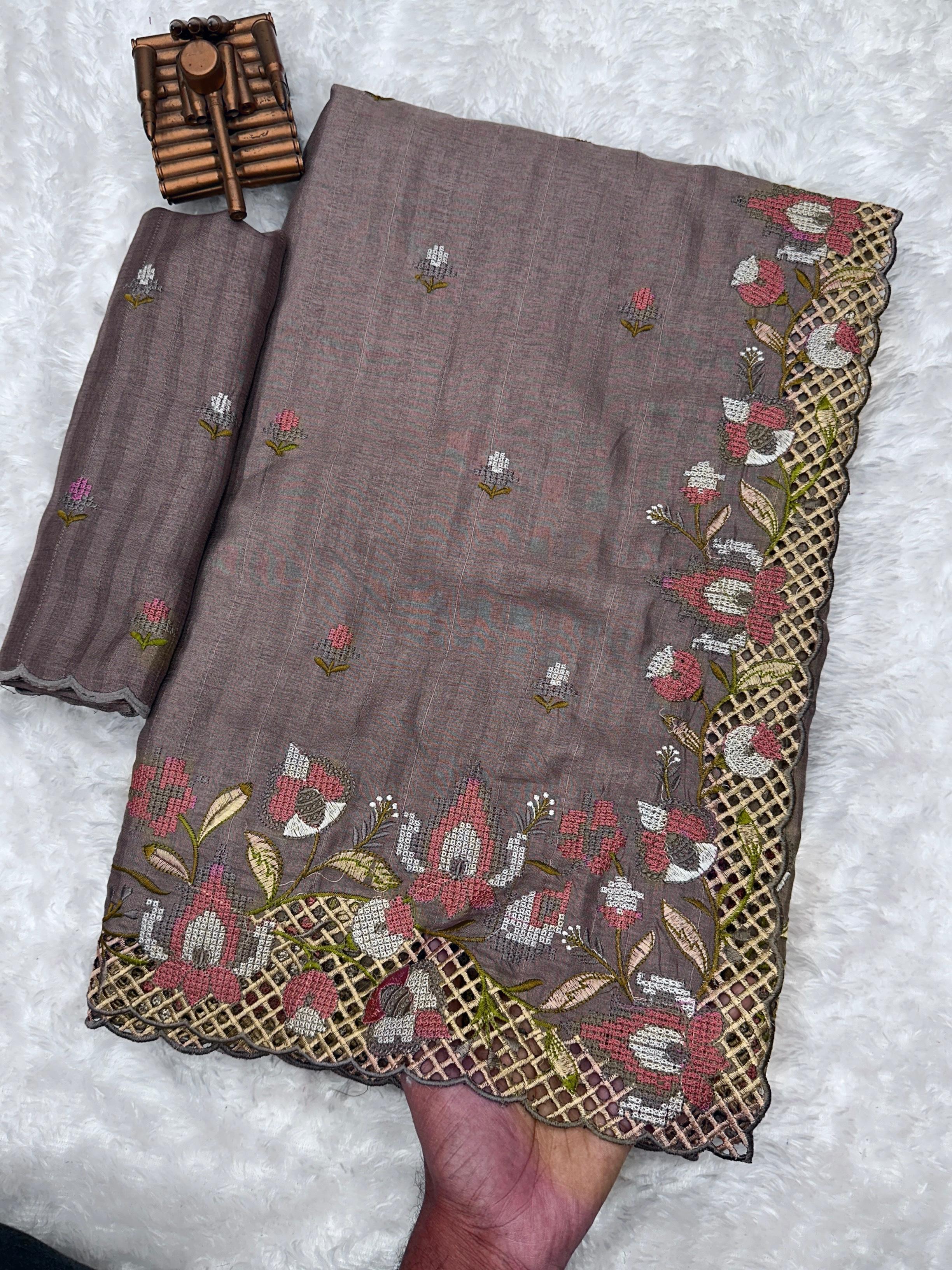 Grey Visca Slub Silk Premium Embroidered Work Saree For Women