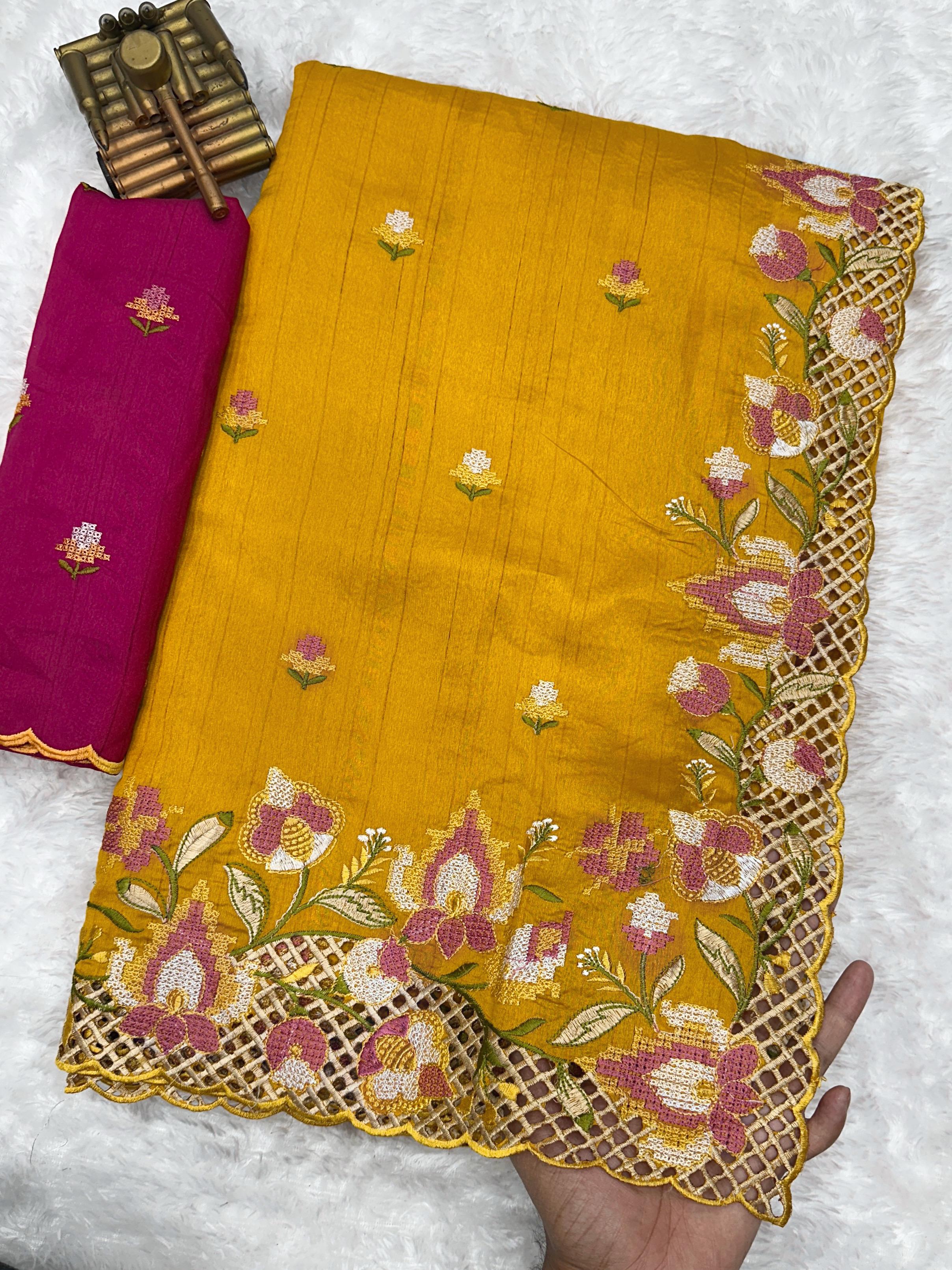 Yellow Visca Slub Silk Premium Embroidered Work Saree For Women
