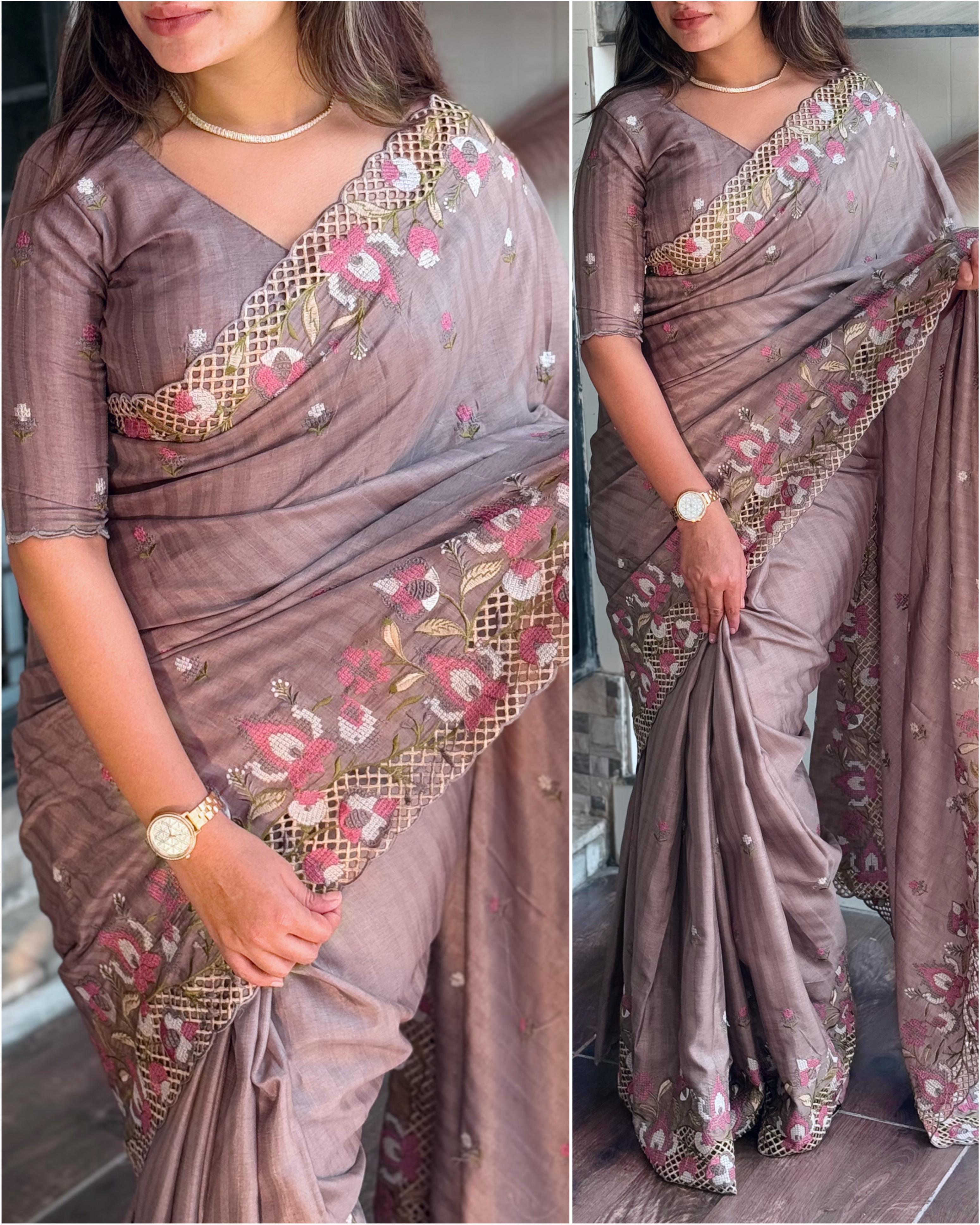 Grey Visca Slub Silk Premium Embroidered Work Saree For Women