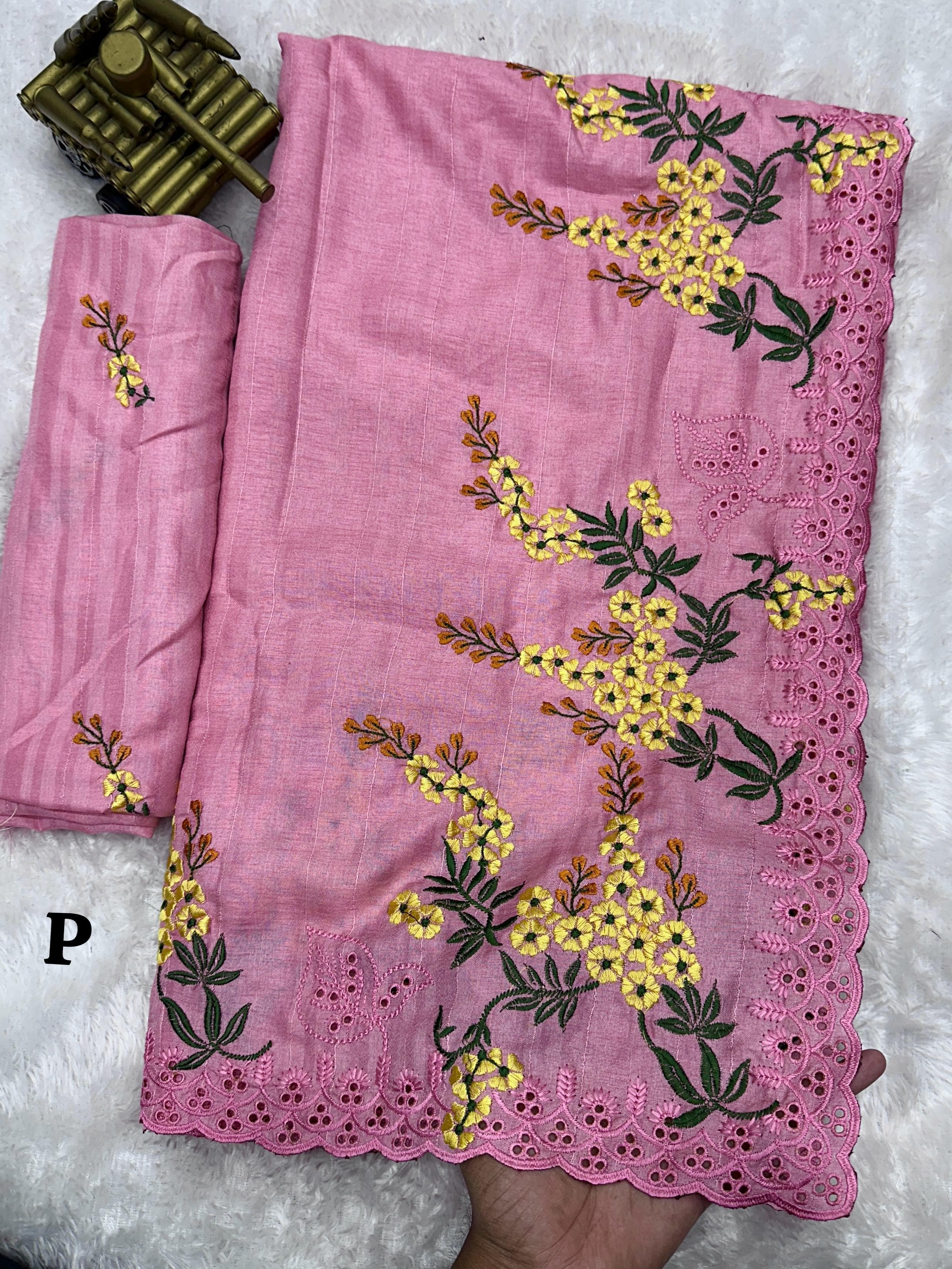 Pink Tusser Cotton Premium Embroidered Work Saree For Women
