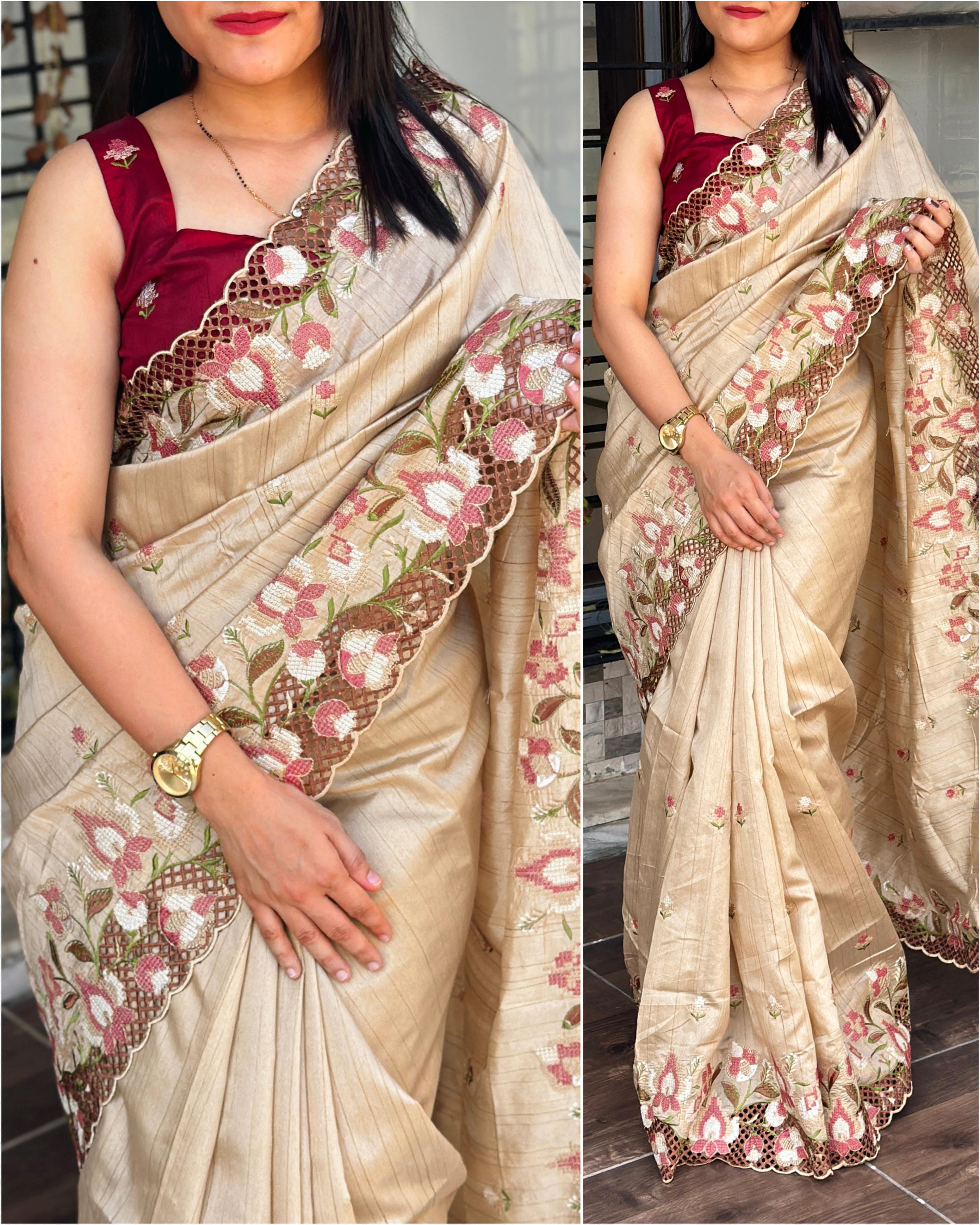 Cream Visca Slub Silk Embroidered Work Saree With Unstitched Blouse For Women