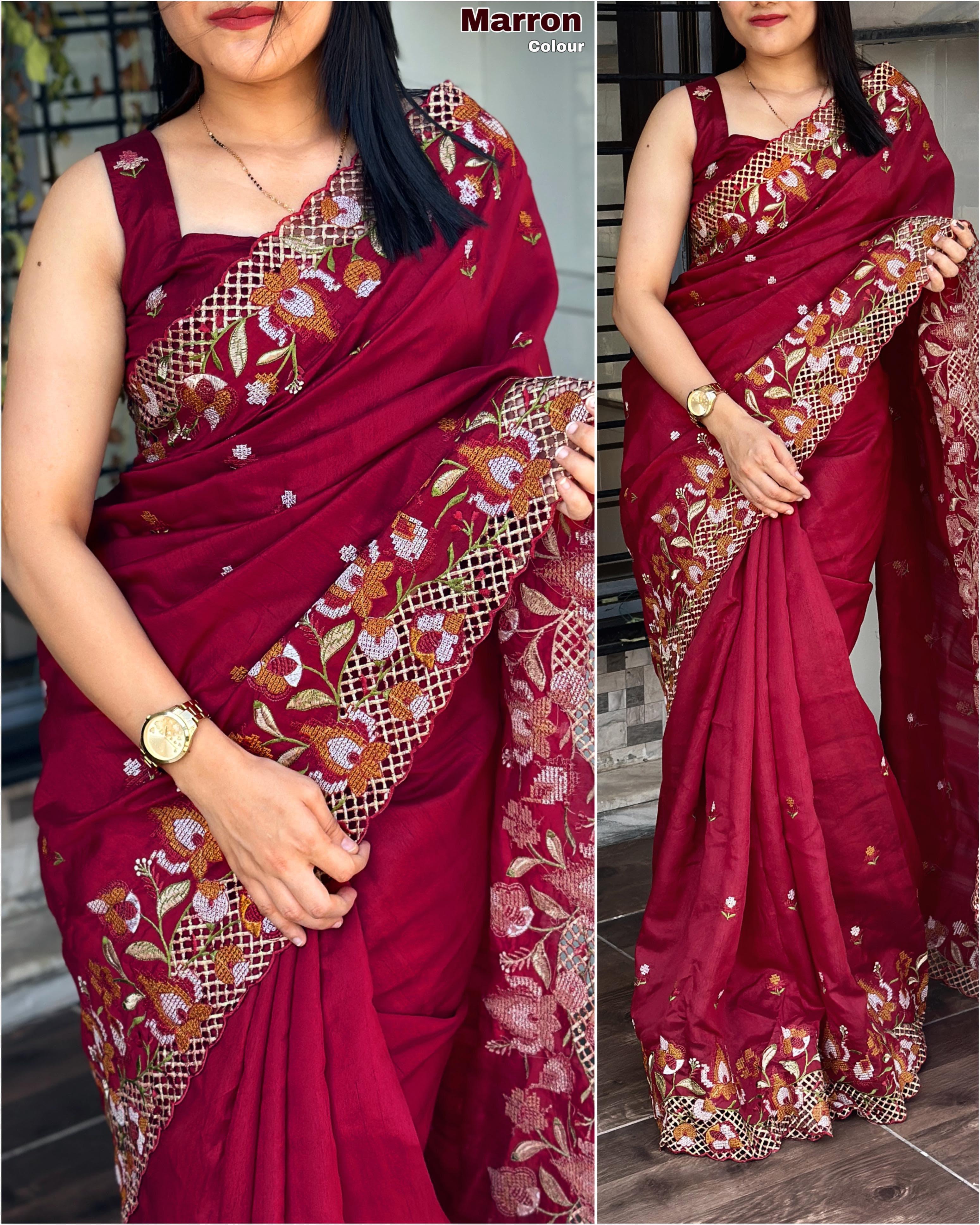 Maroon Visca Slub Silk Premium Embroidered Work Saree For Women
