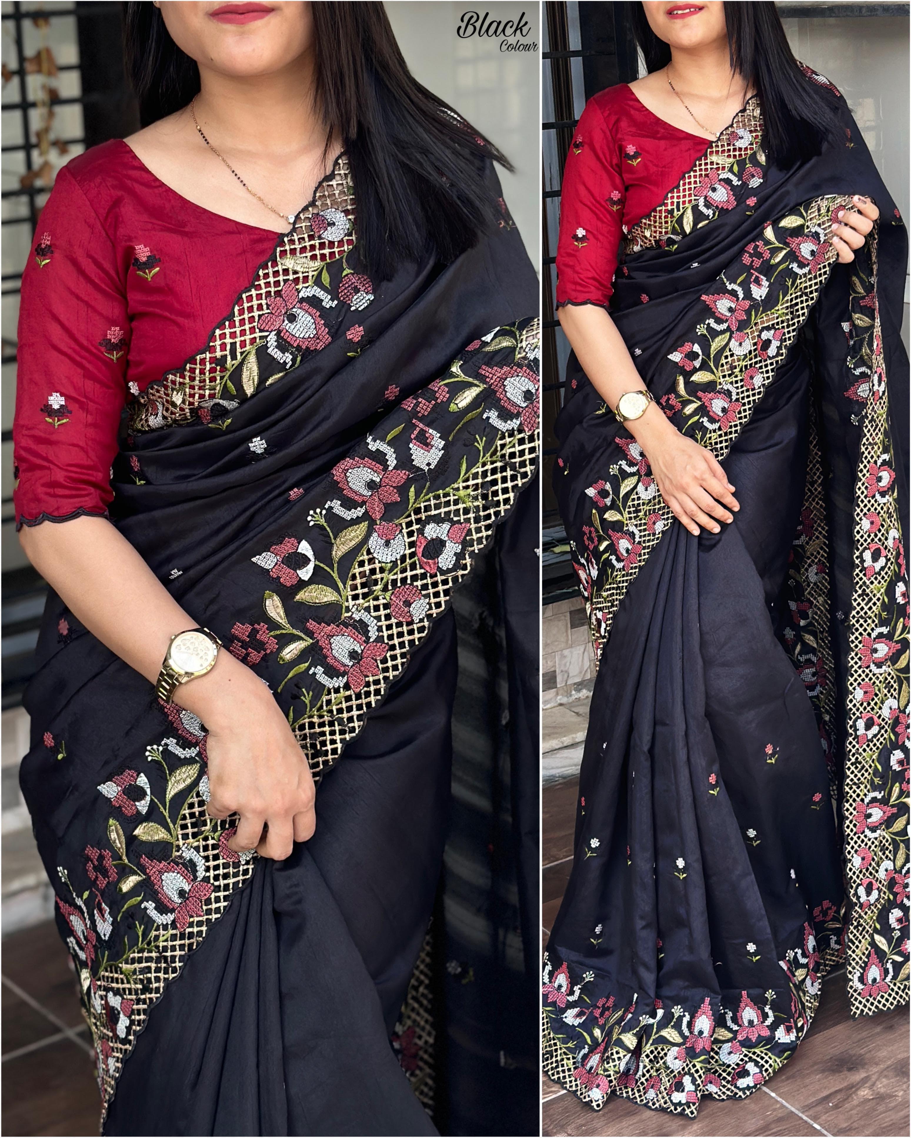 Black Visca Slub Silk Embroidered Work Saree With Unstitched Blouse For Women