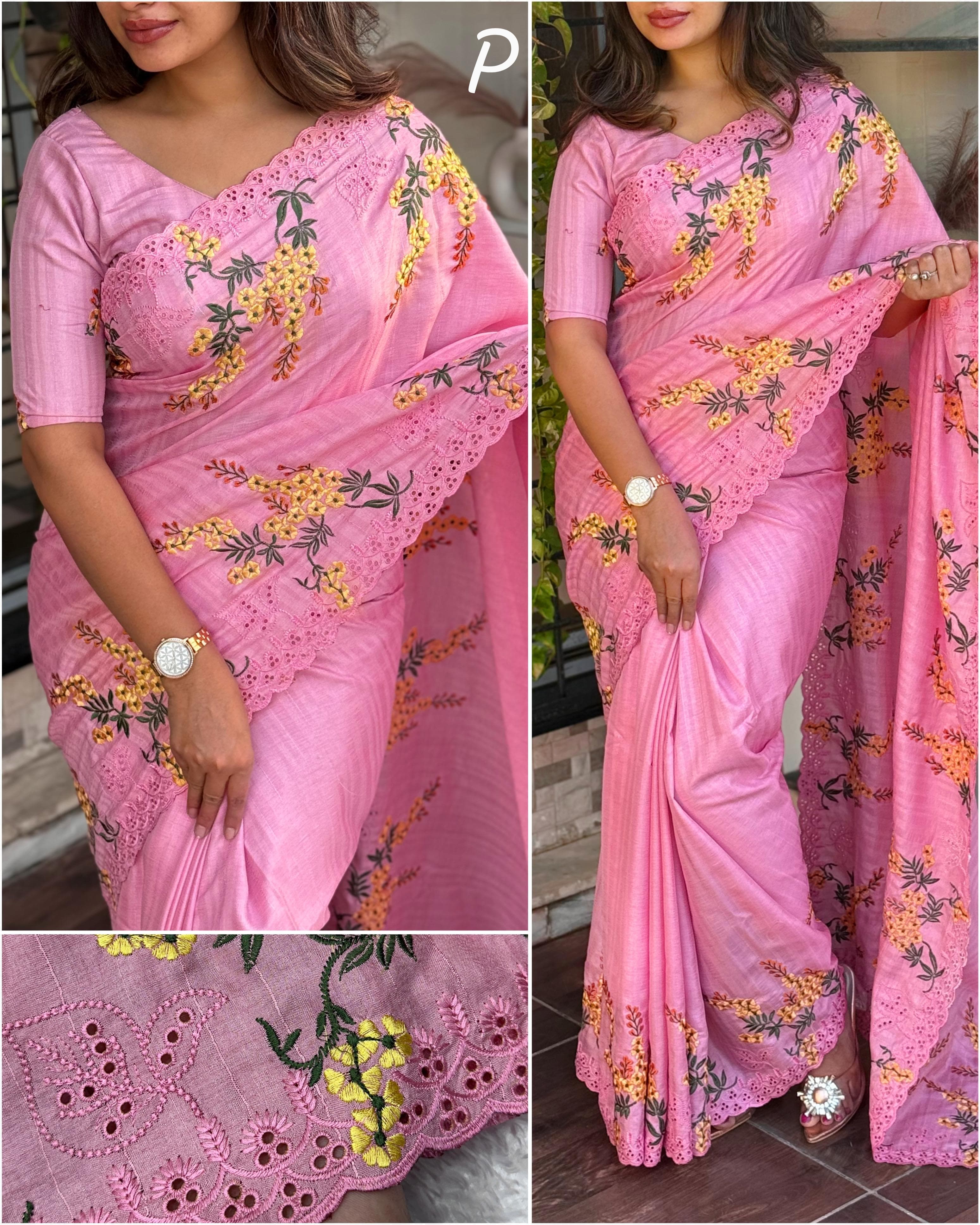 Pink Tusser Cotton Premium Embroidered Work Saree For Women