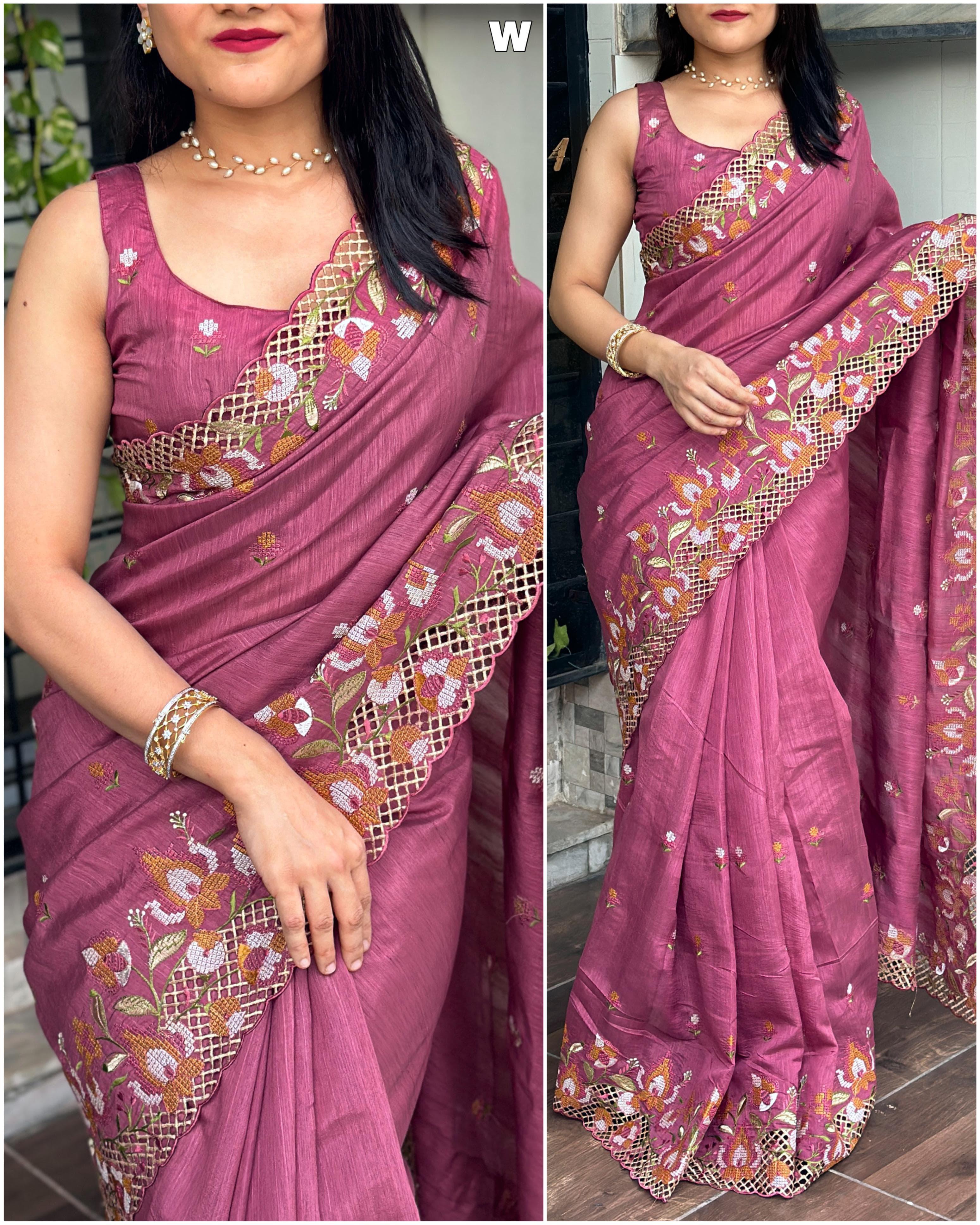 Pink Visca Slub Silk Premium Embroidered Work Saree For Women