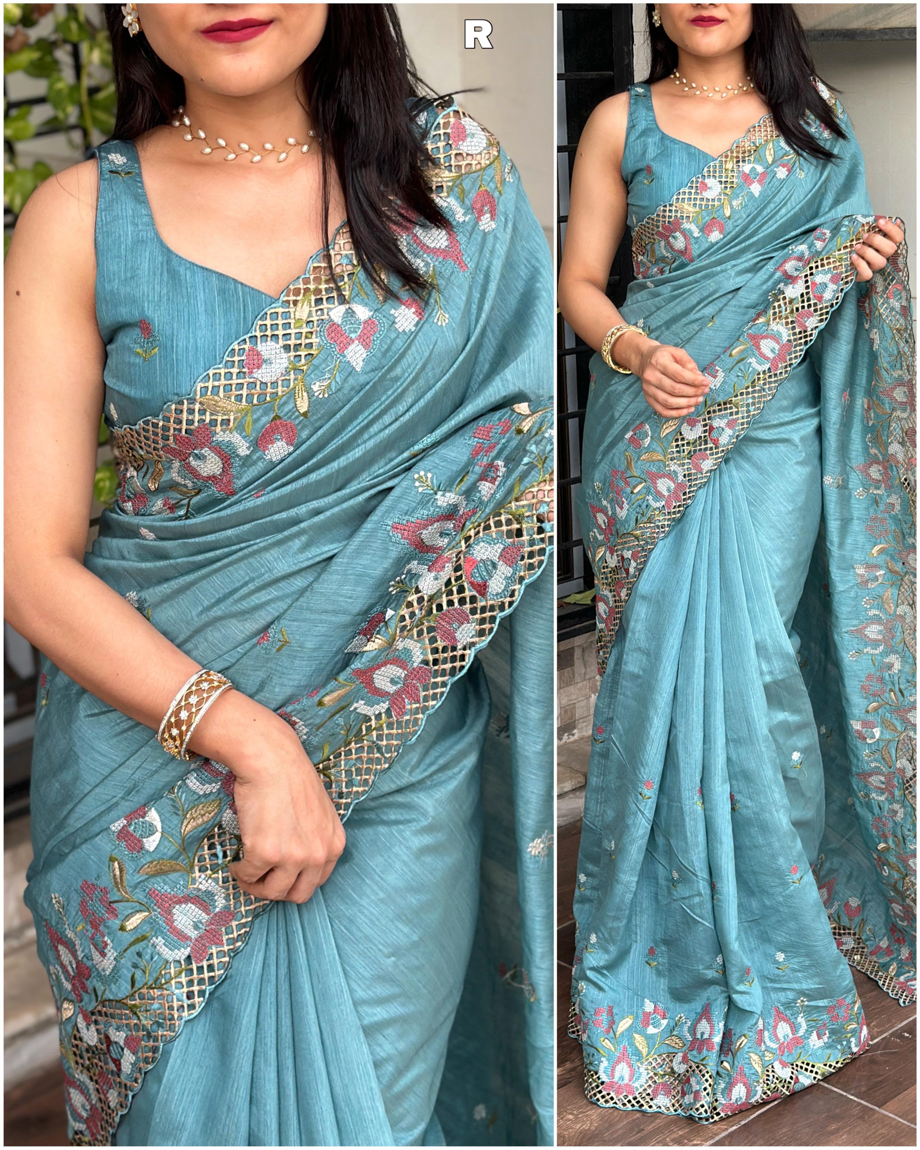 Light Blue Visca Slub Silk Premium Embroidered Work Saree For Women