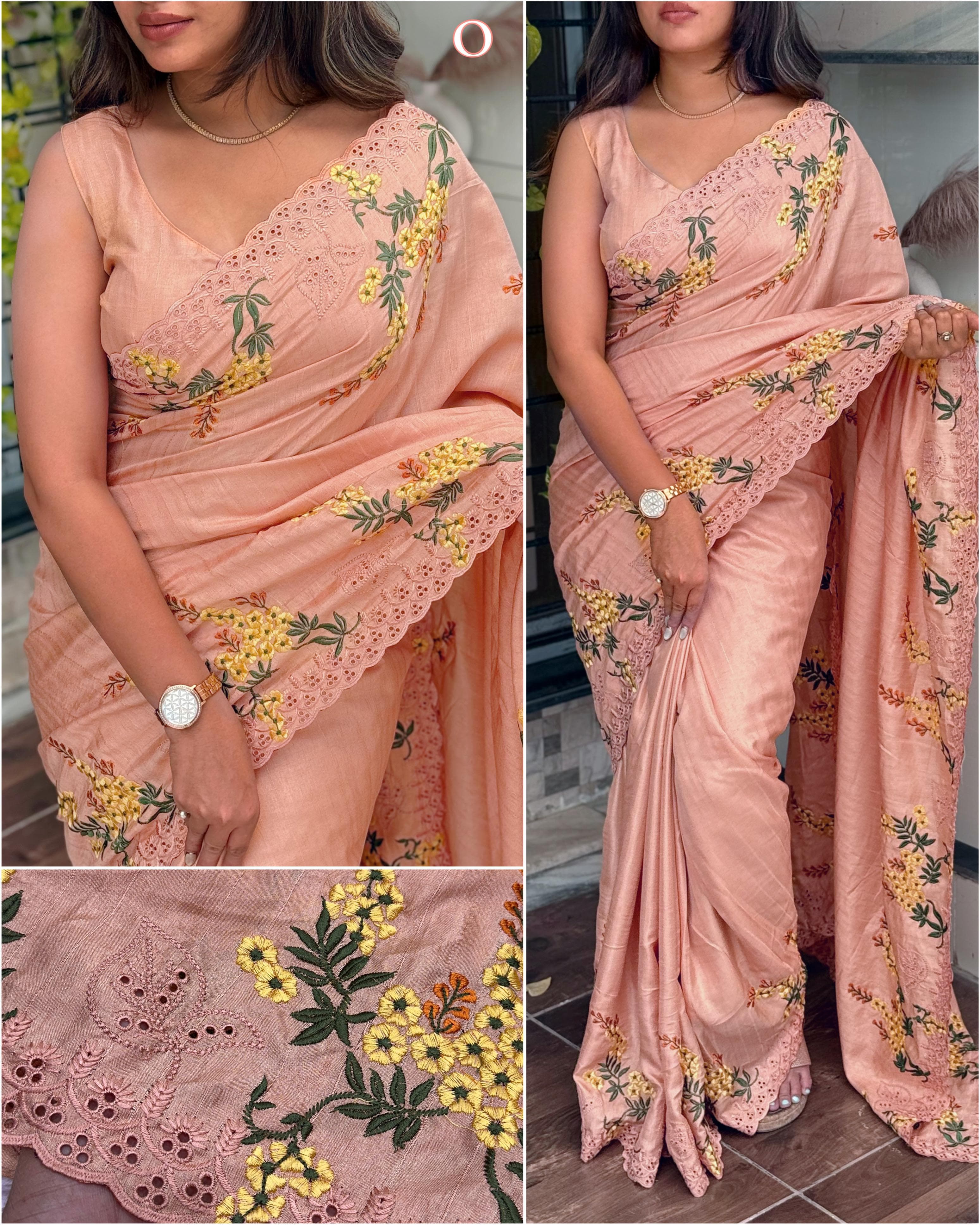 Soft Peach Tusser Cotton Premium Embroidered Work Saree For Women