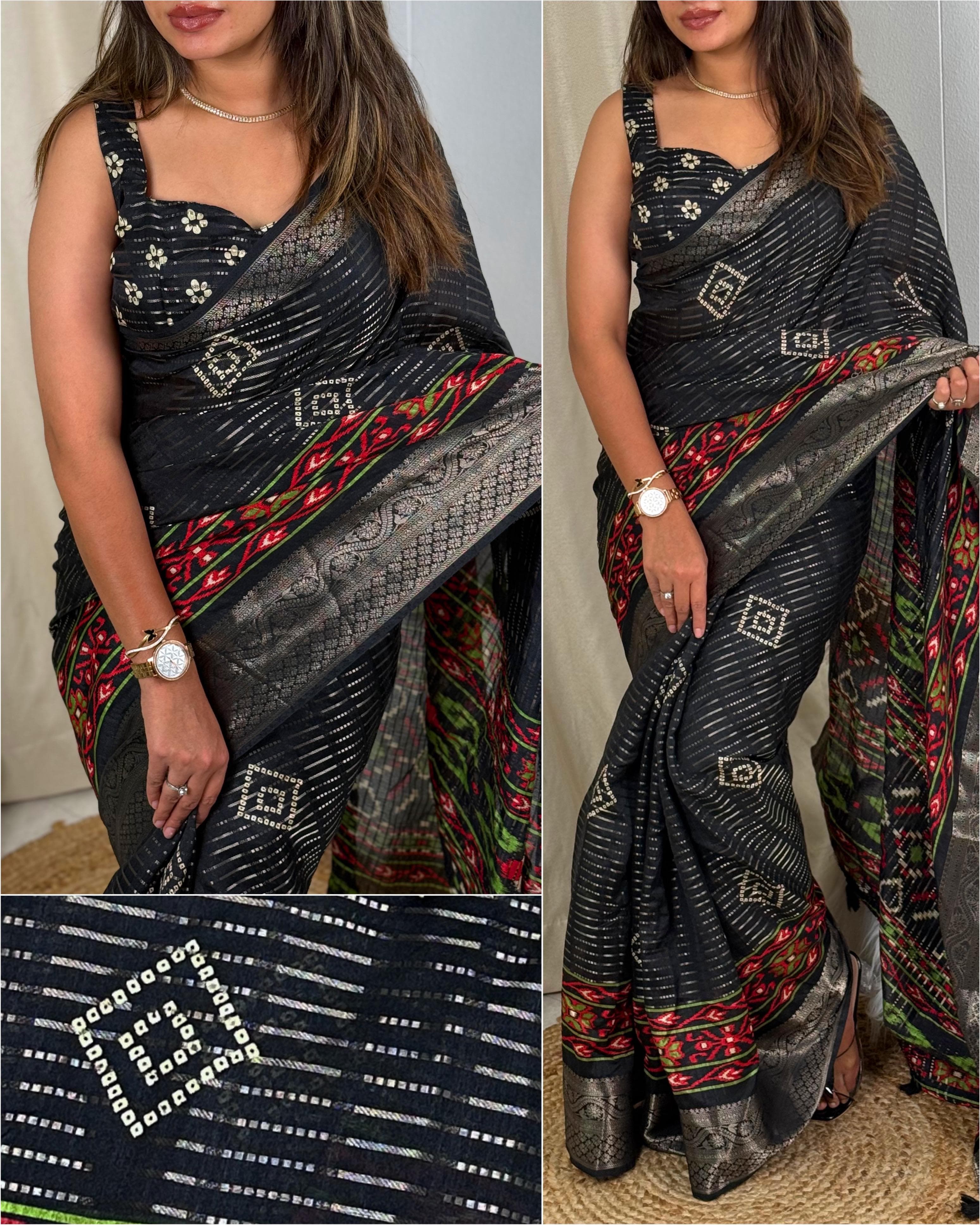 Black Muslin Cotton Zari Jacquard Premium Bandhani Printed Saree For Women