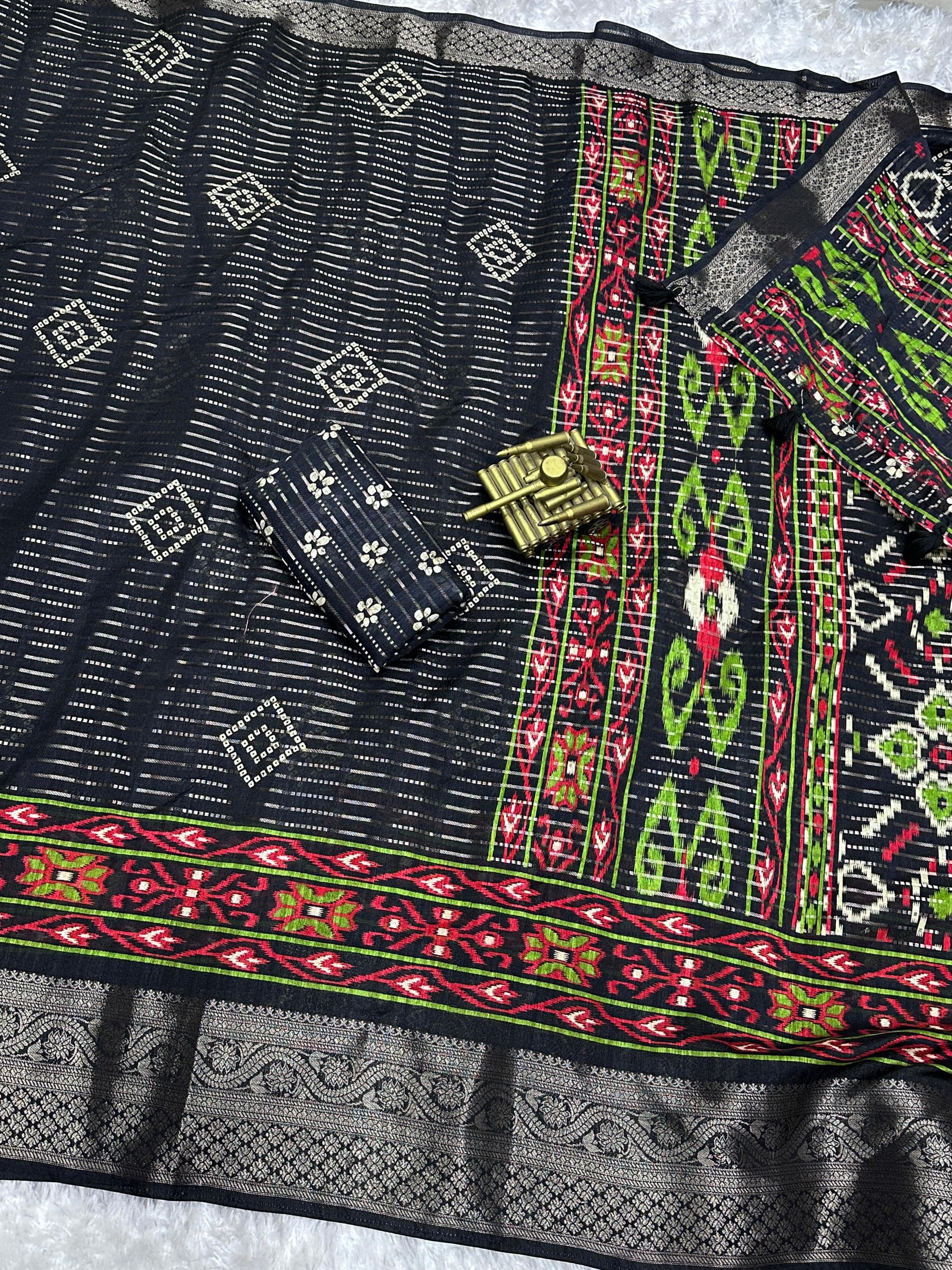 Black Muslin Cotton Zari Jacquard Premium Bandhani Printed Saree For Women