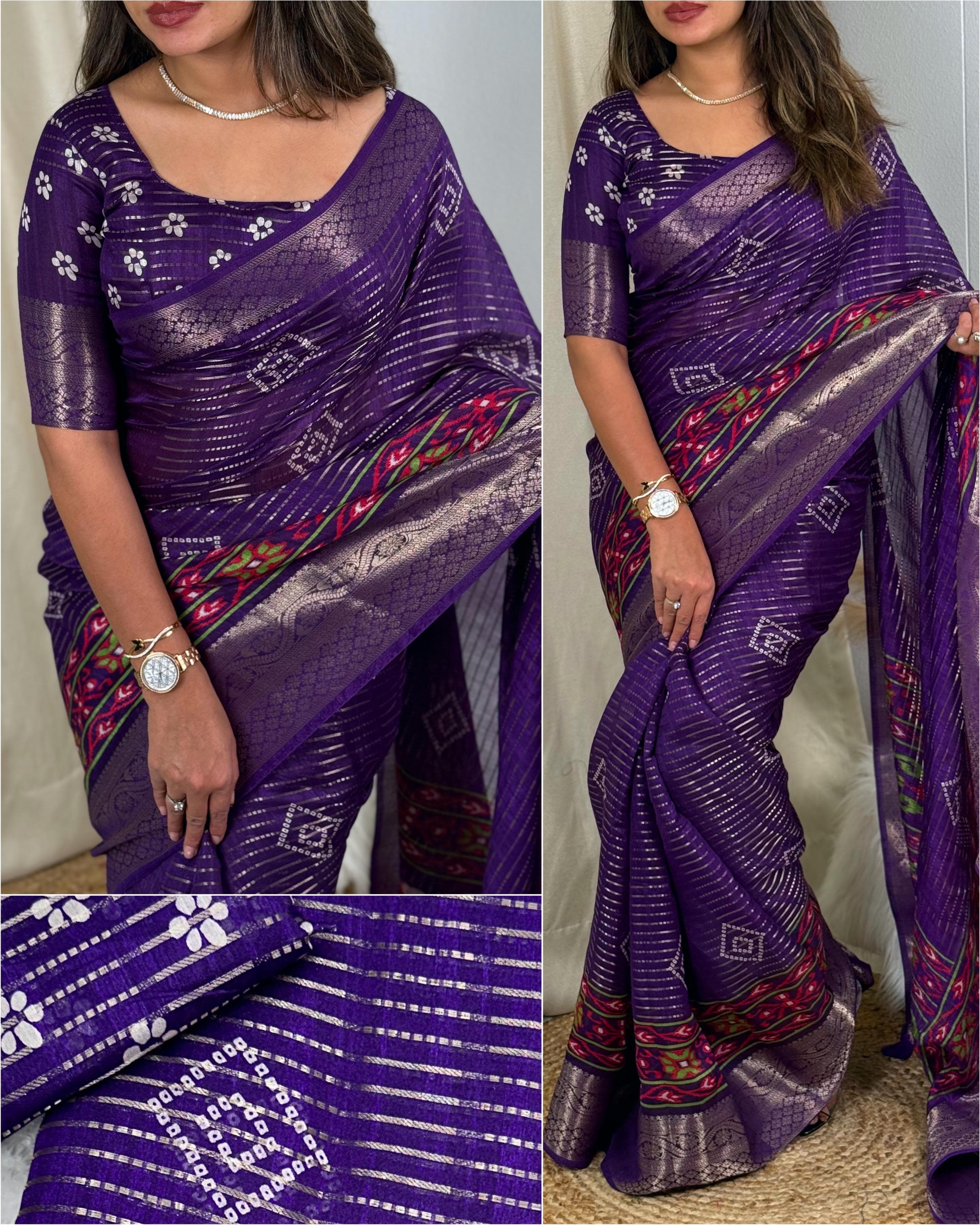 Blue Muslin Cotton Zari Jacquard Premium Bandhani Printed Saree For Women