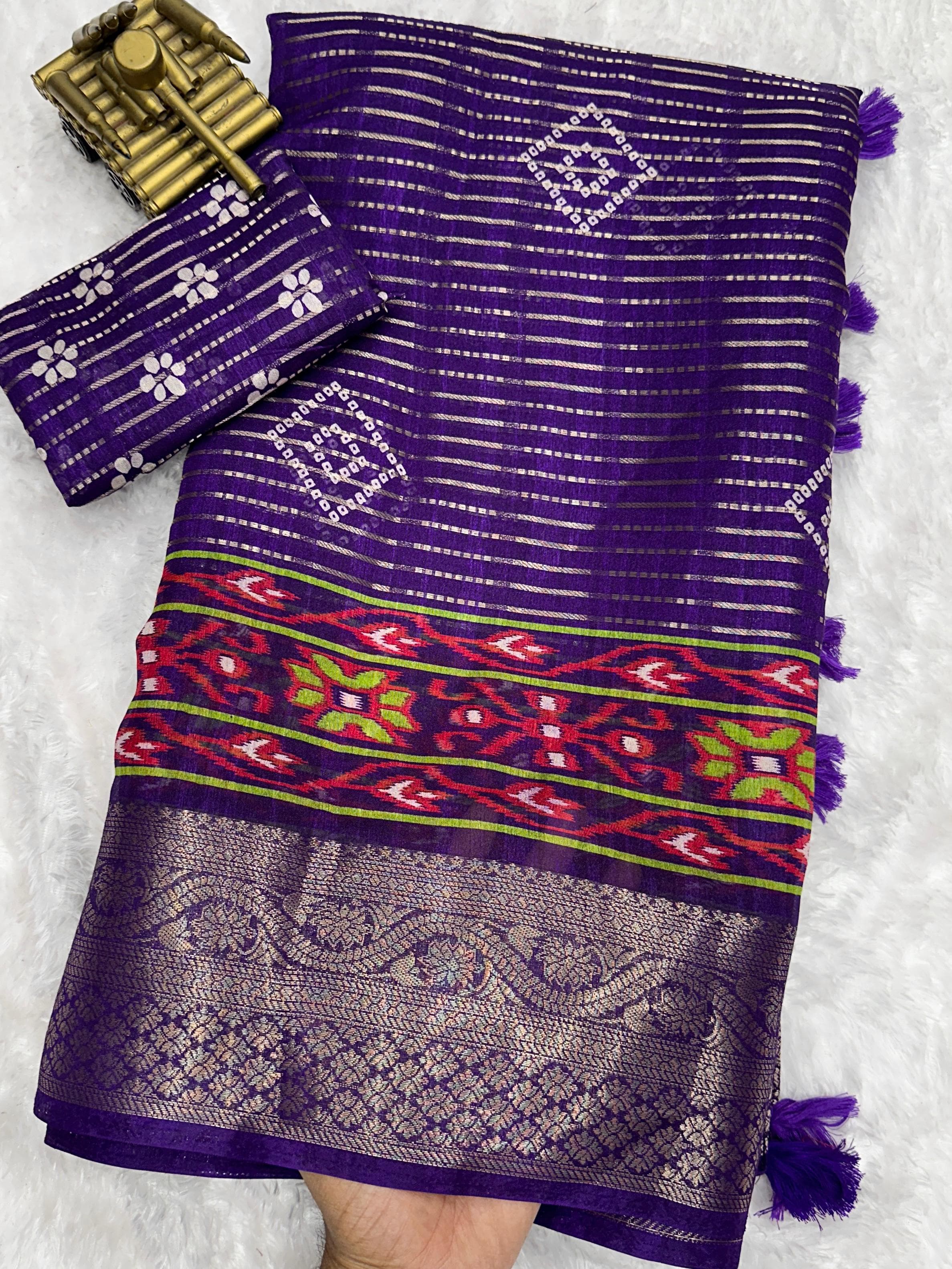 Blue Muslin Cotton Zari Jacquard Premium Bandhani Printed Saree For Women