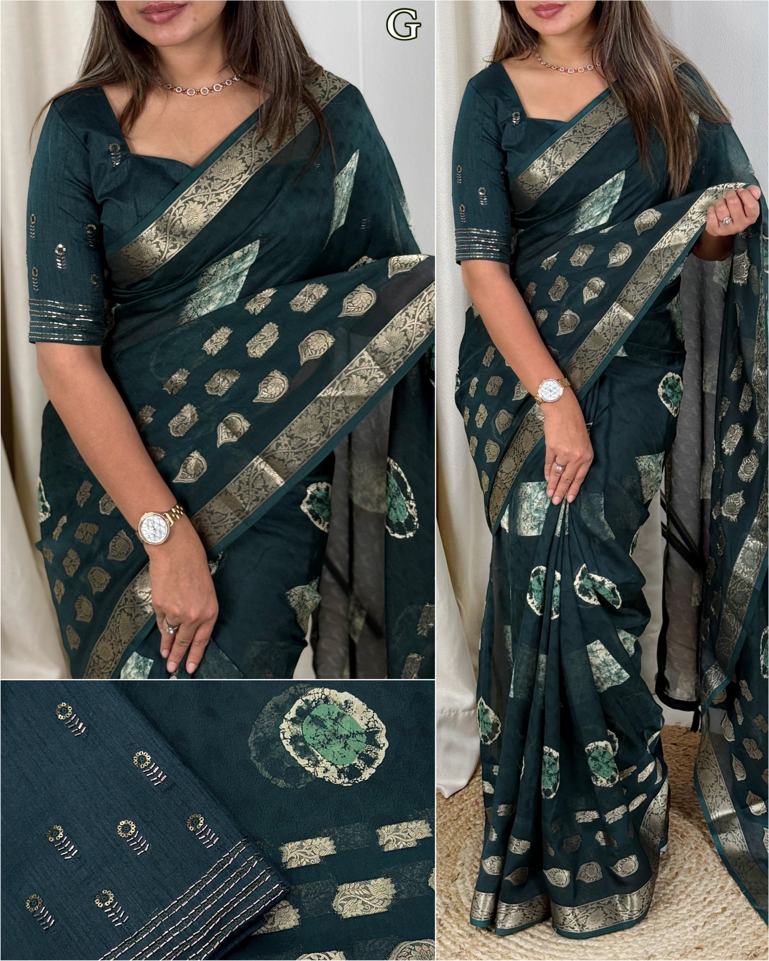 Deep Blue Georgette Linen Premium Jacquard Design Saree For Women