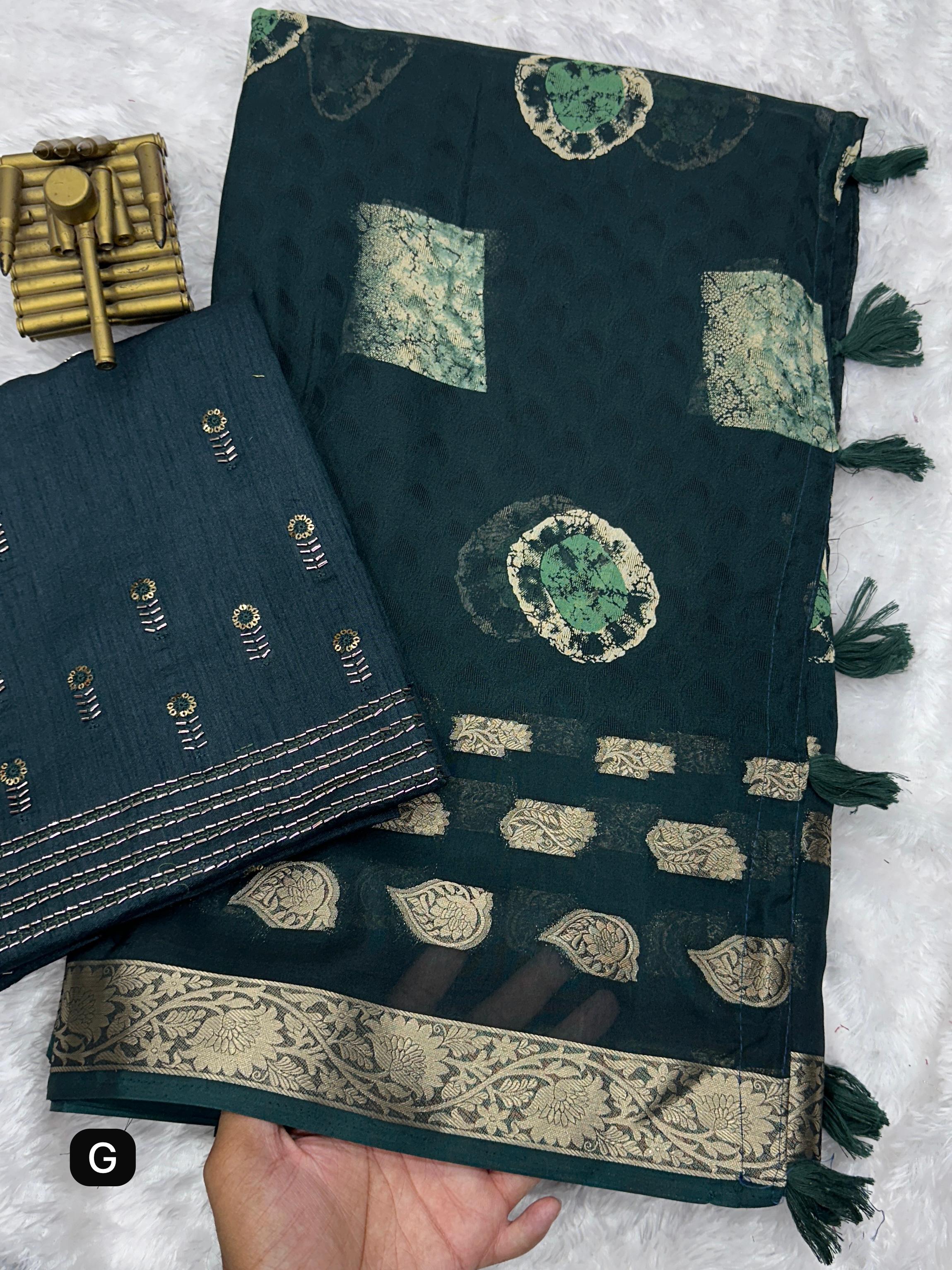 Deep Blue Georgette Linen Premium Jacquard Design Saree For Women