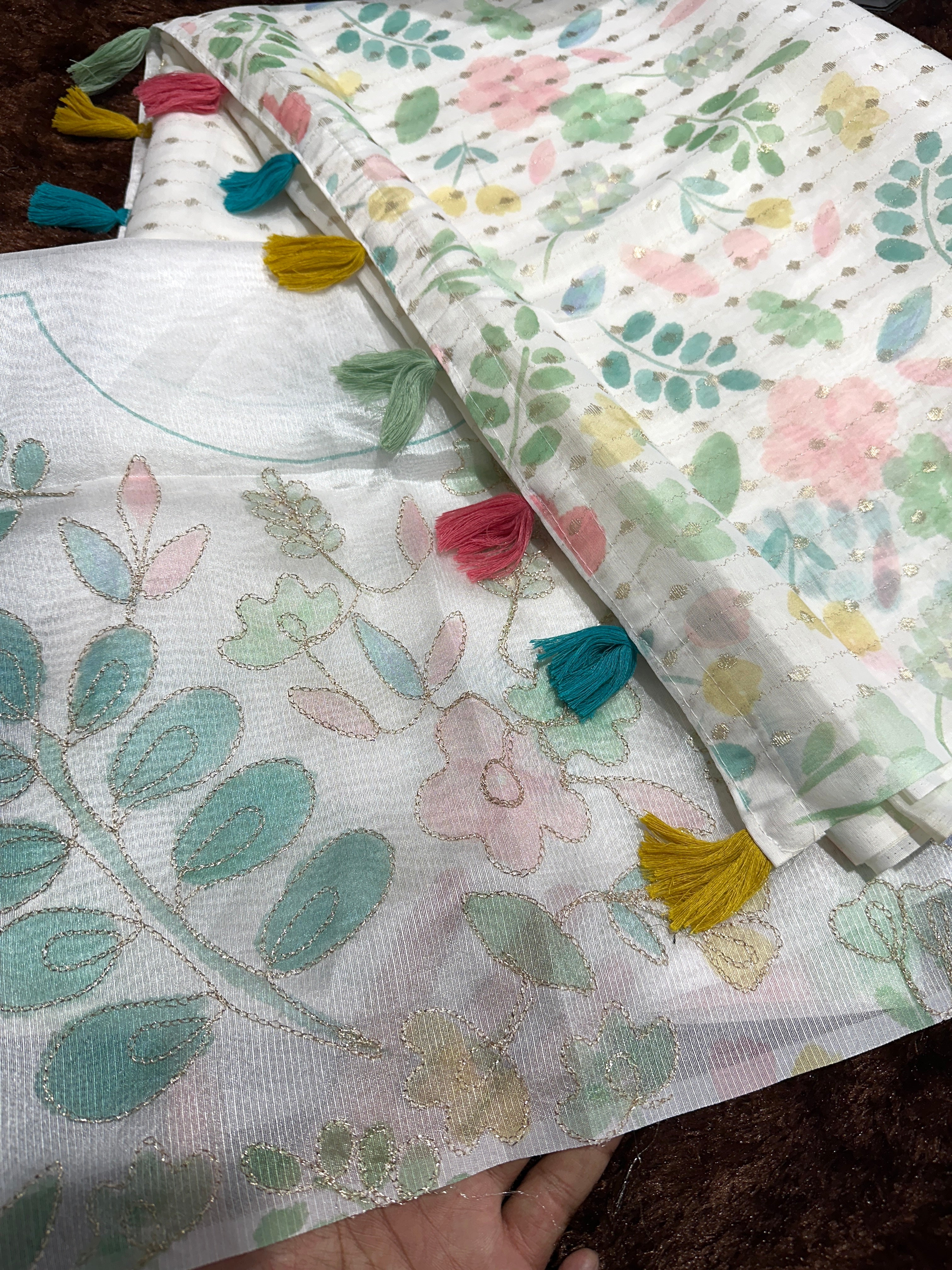 White Green Armani cotton Zari jacquard Saree With Unstitched Blouse For Women