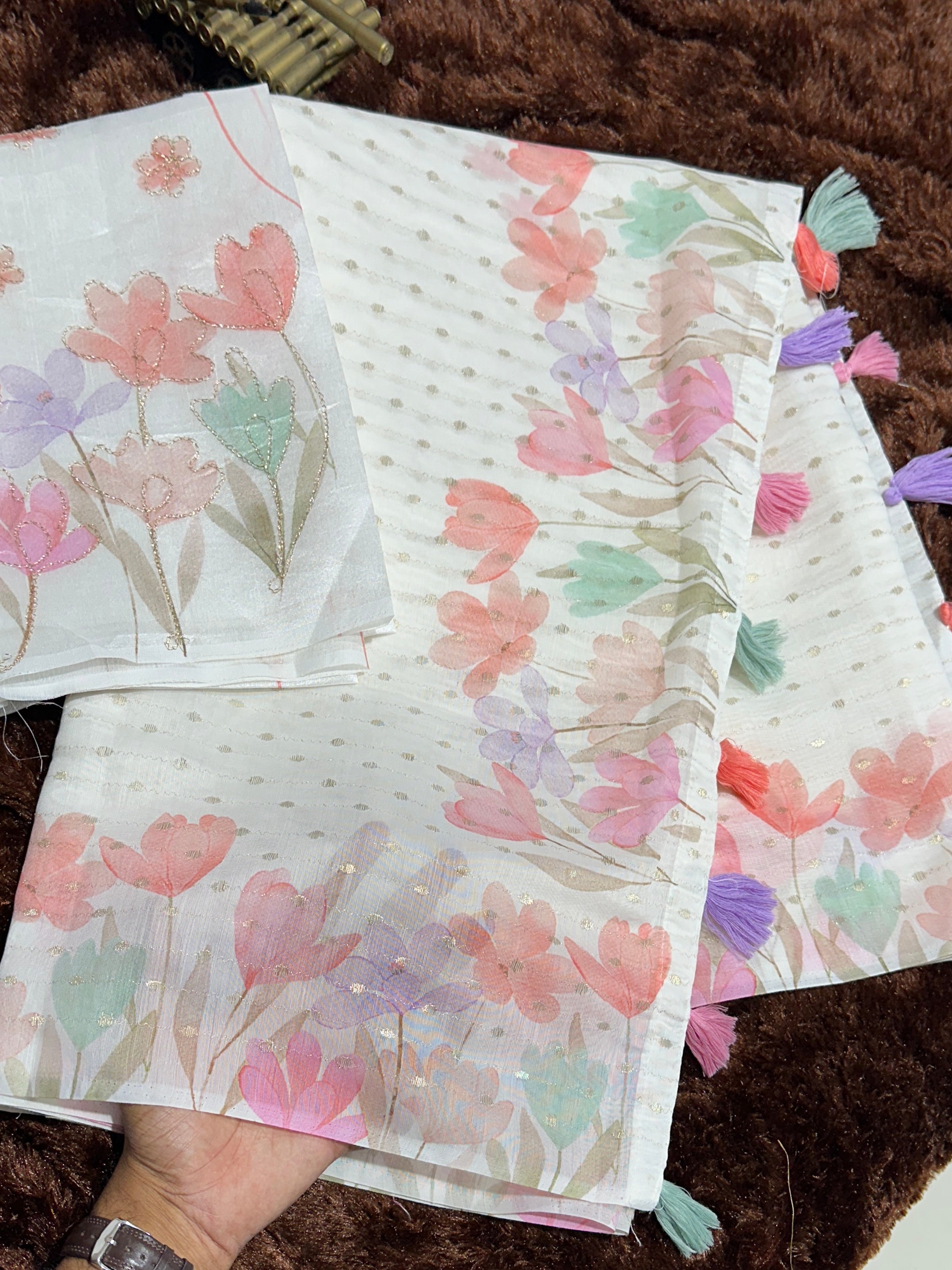 White Pink Armani cotton Zari jacquard Saree With Unstitched Blouse For Women