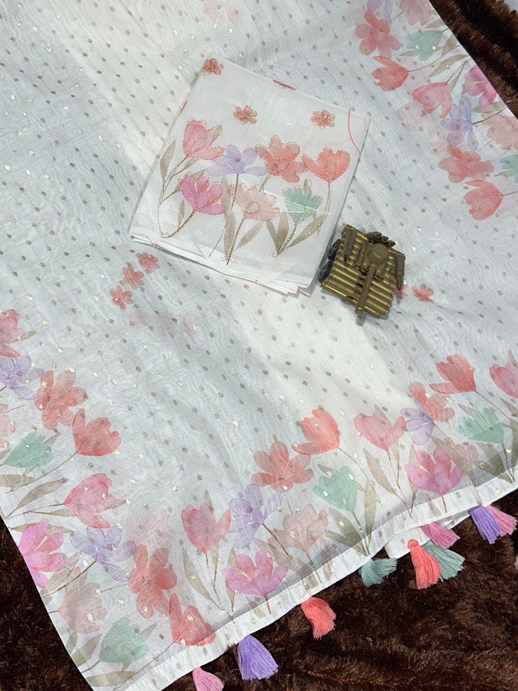 White Pink Armani cotton Zari jacquard Saree With Unstitched Blouse For Women