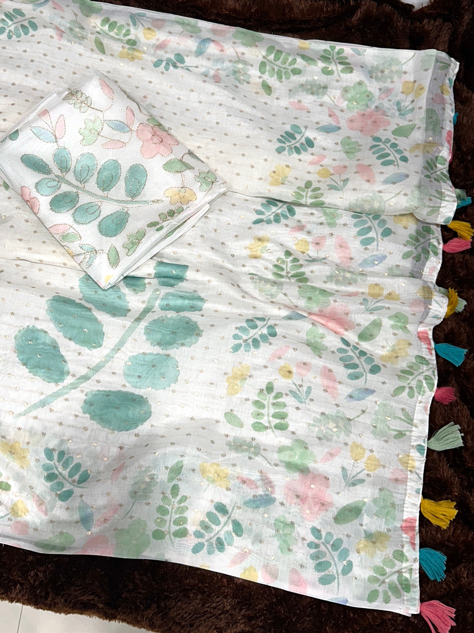 White Green Armani cotton Zari jacquard Saree With Unstitched Blouse For Women