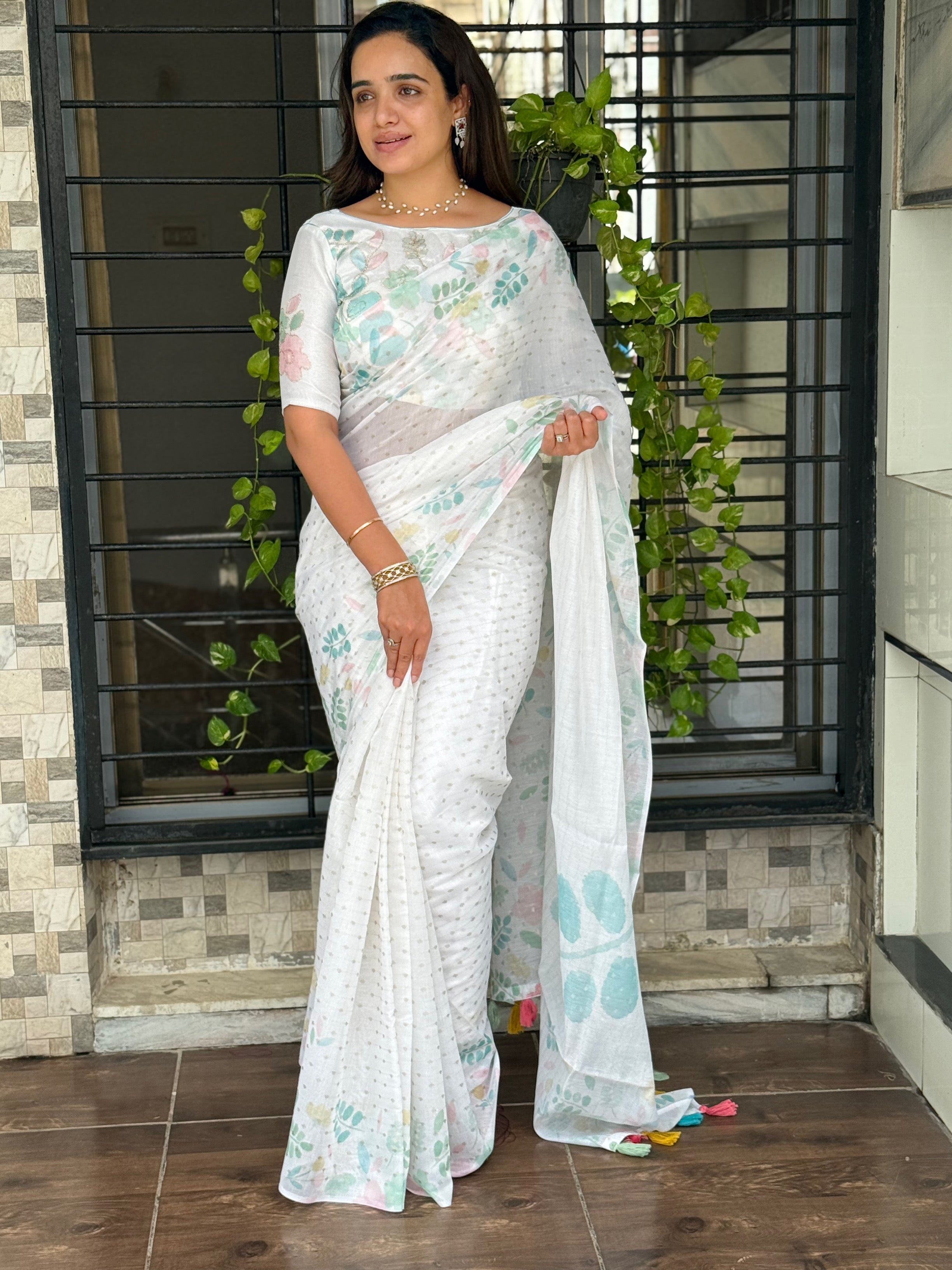 White Green Armani cotton Zari jacquard Saree With Unstitched Blouse For Women