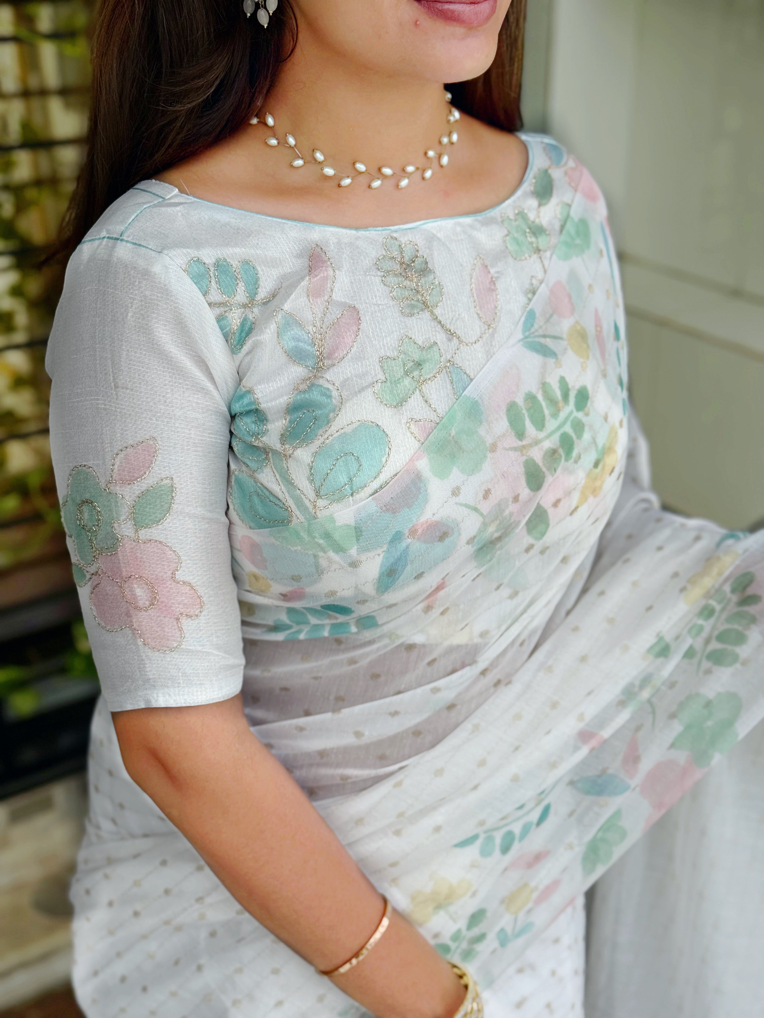 White Green Armani cotton Zari jacquard Saree With Unstitched Blouse For Women