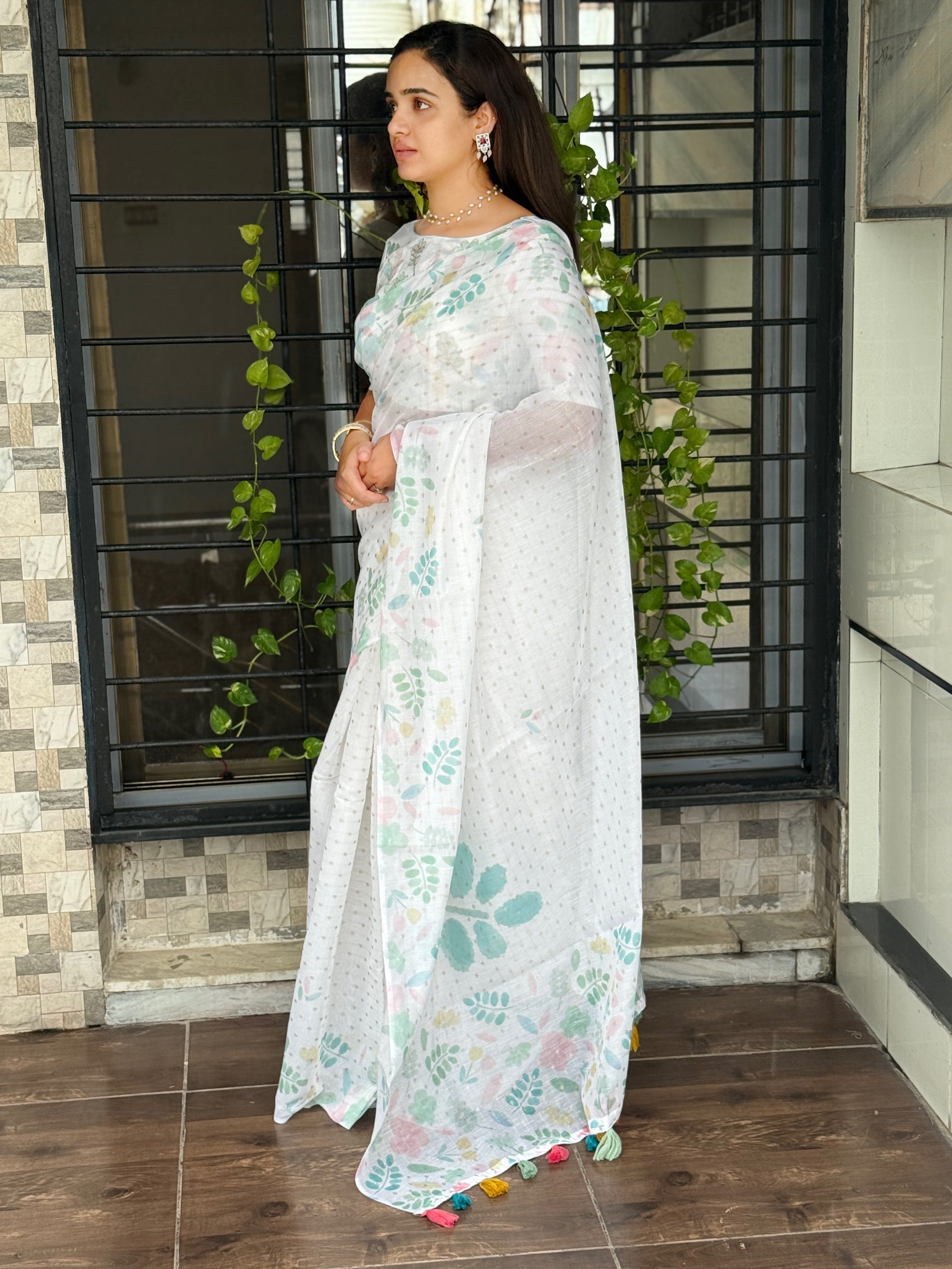 White Green Armani cotton Zari jacquard Saree With Unstitched Blouse For Women