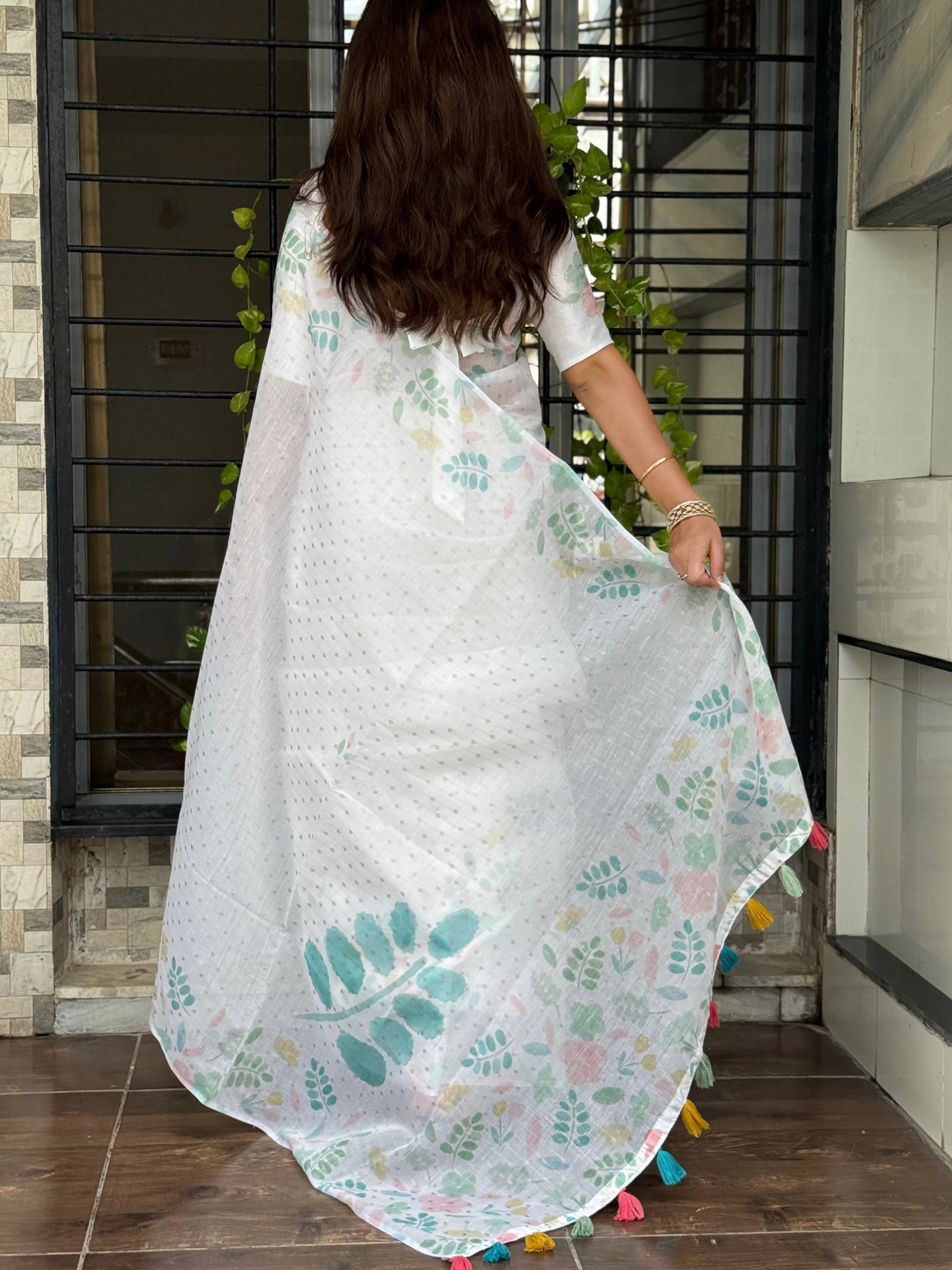 White Green Armani cotton Zari jacquard Saree With Unstitched Blouse For Women