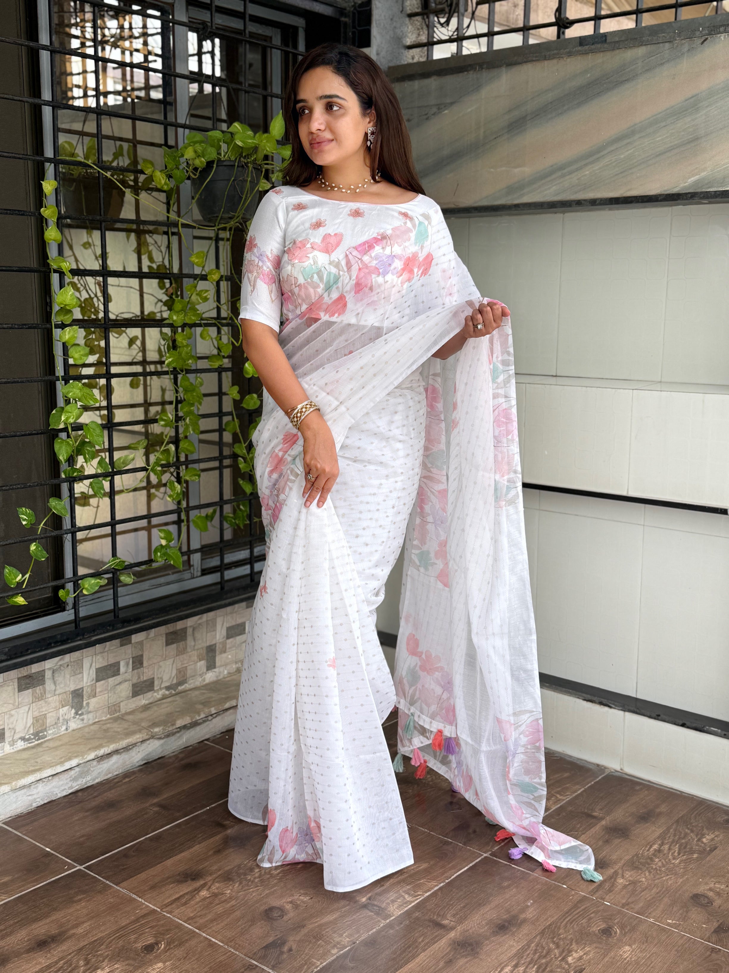 White Pink Armani cotton Zari jacquard Saree With Unstitched Blouse For Women