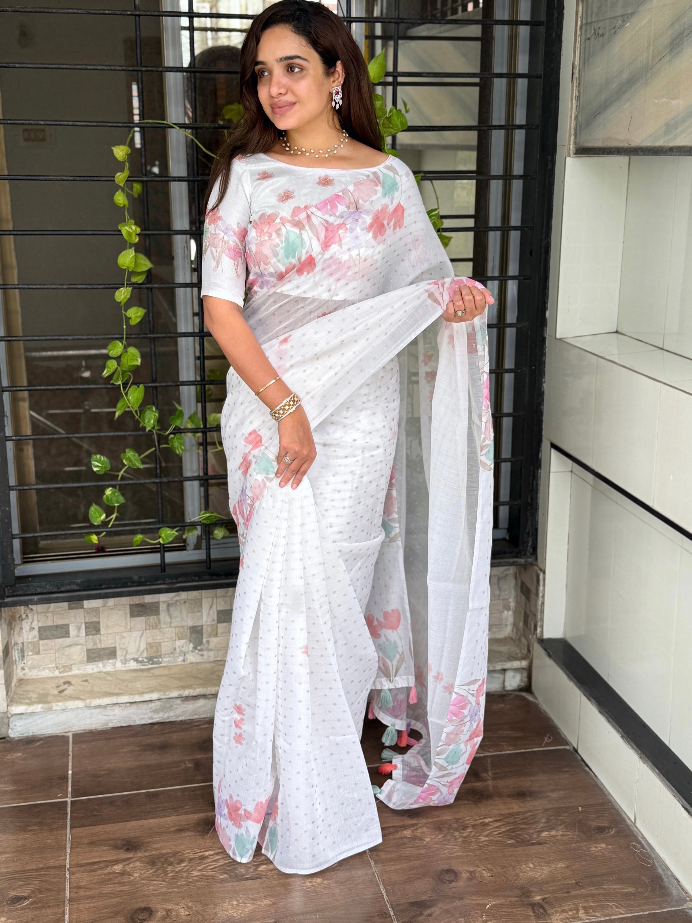 White Pink Armani cotton Zari jacquard Saree With Unstitched Blouse For Women