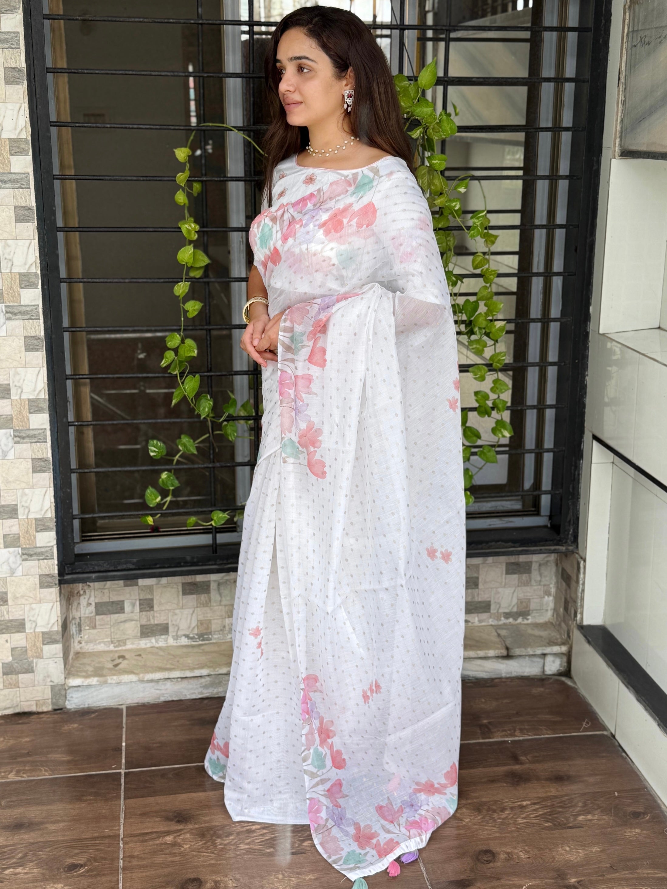 White Pink Armani cotton Zari jacquard Saree With Unstitched Blouse For Women