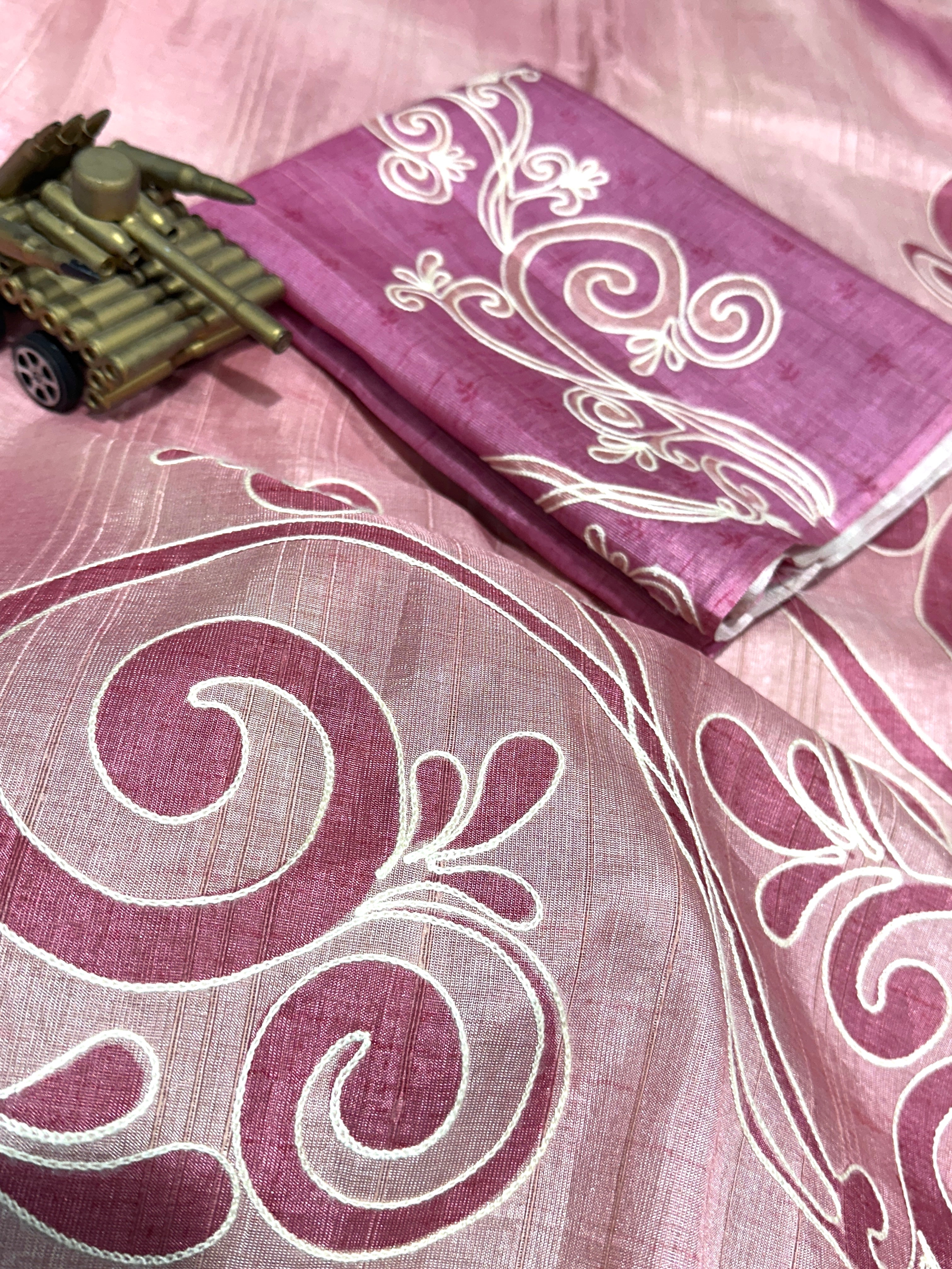 Pink linen cotton katha work Saree With Unstitched Blouse For Women