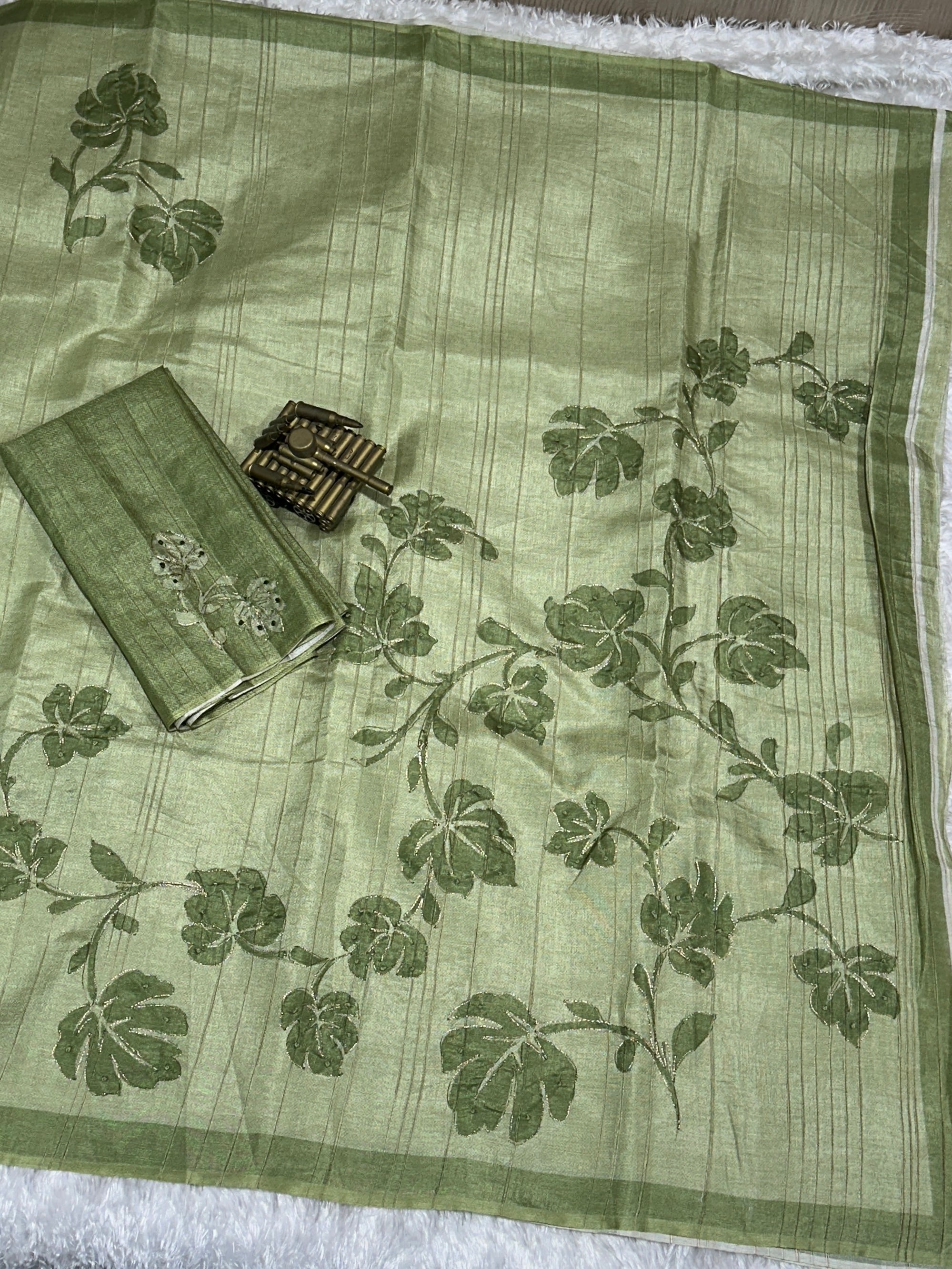 Light green linen cotton katha work Saree With Unstitched Blouse For Women