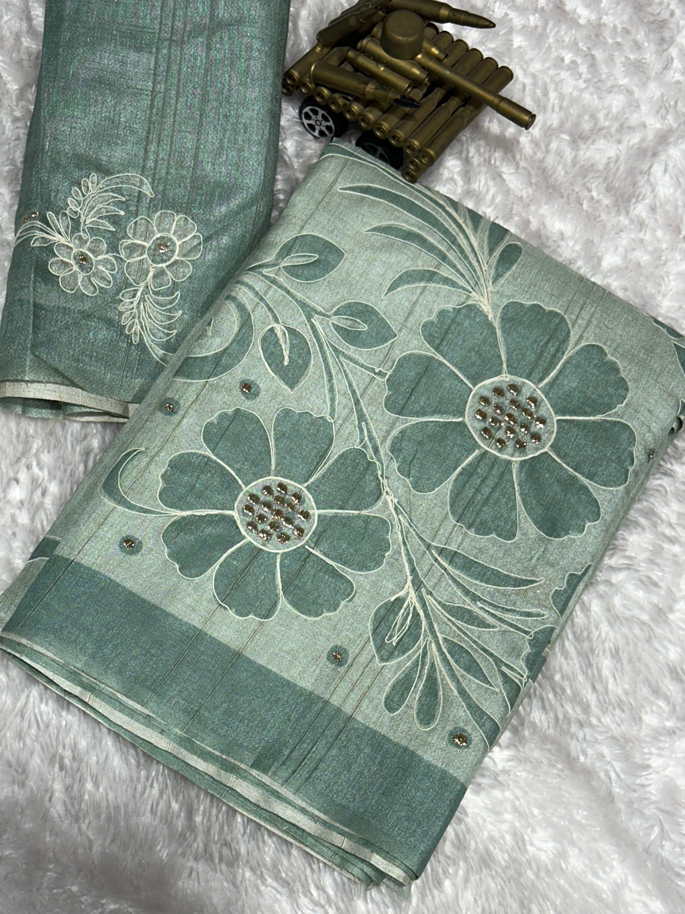 Light Pastel Green linen cotton katha work Saree With Unstitched Blouse For Women
