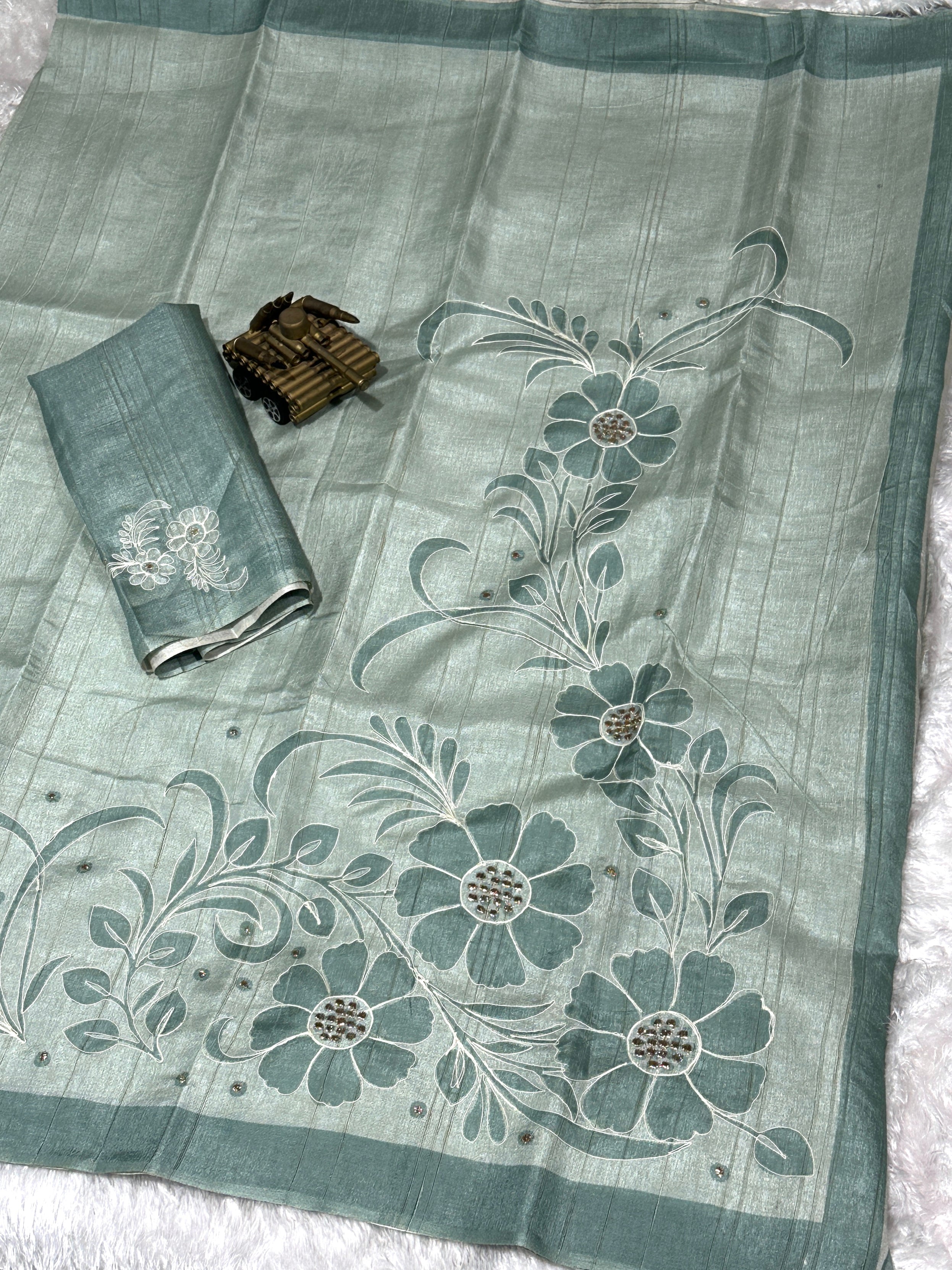 Light Pastel Green linen cotton katha work Saree With Unstitched Blouse For Women